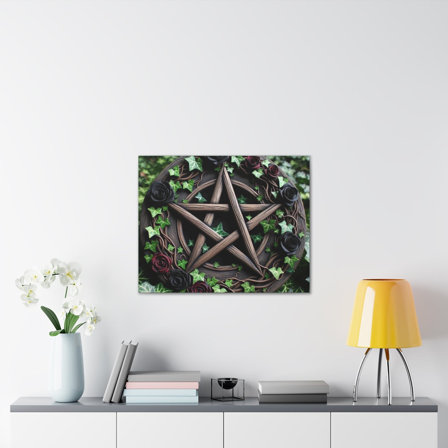 Canvas Wall Art, Wood Pentacle with Red and Black Roses in Ivy Design