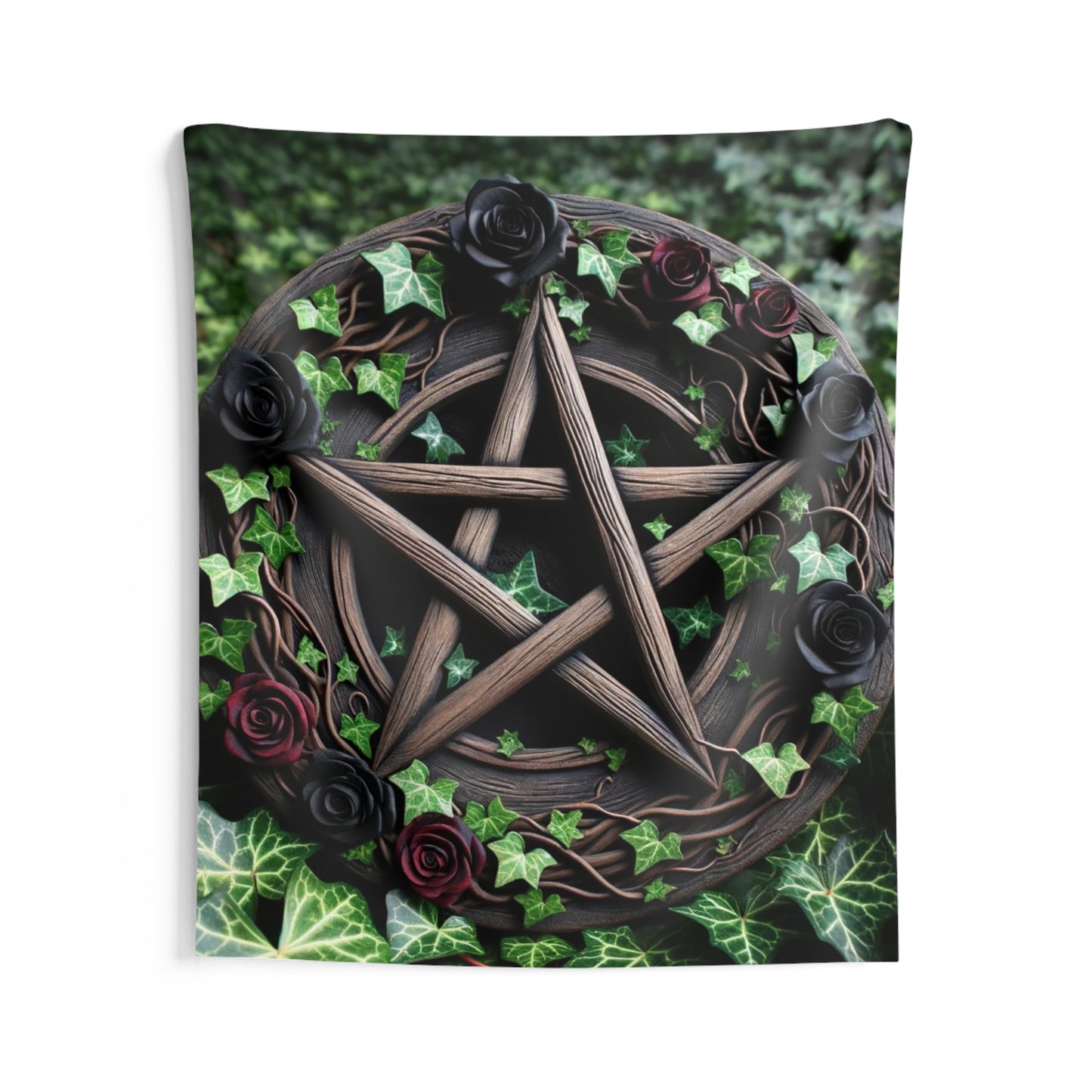 Tapestry Wall Decor - Wood Pentacle with Red and Black Roses in Ivy