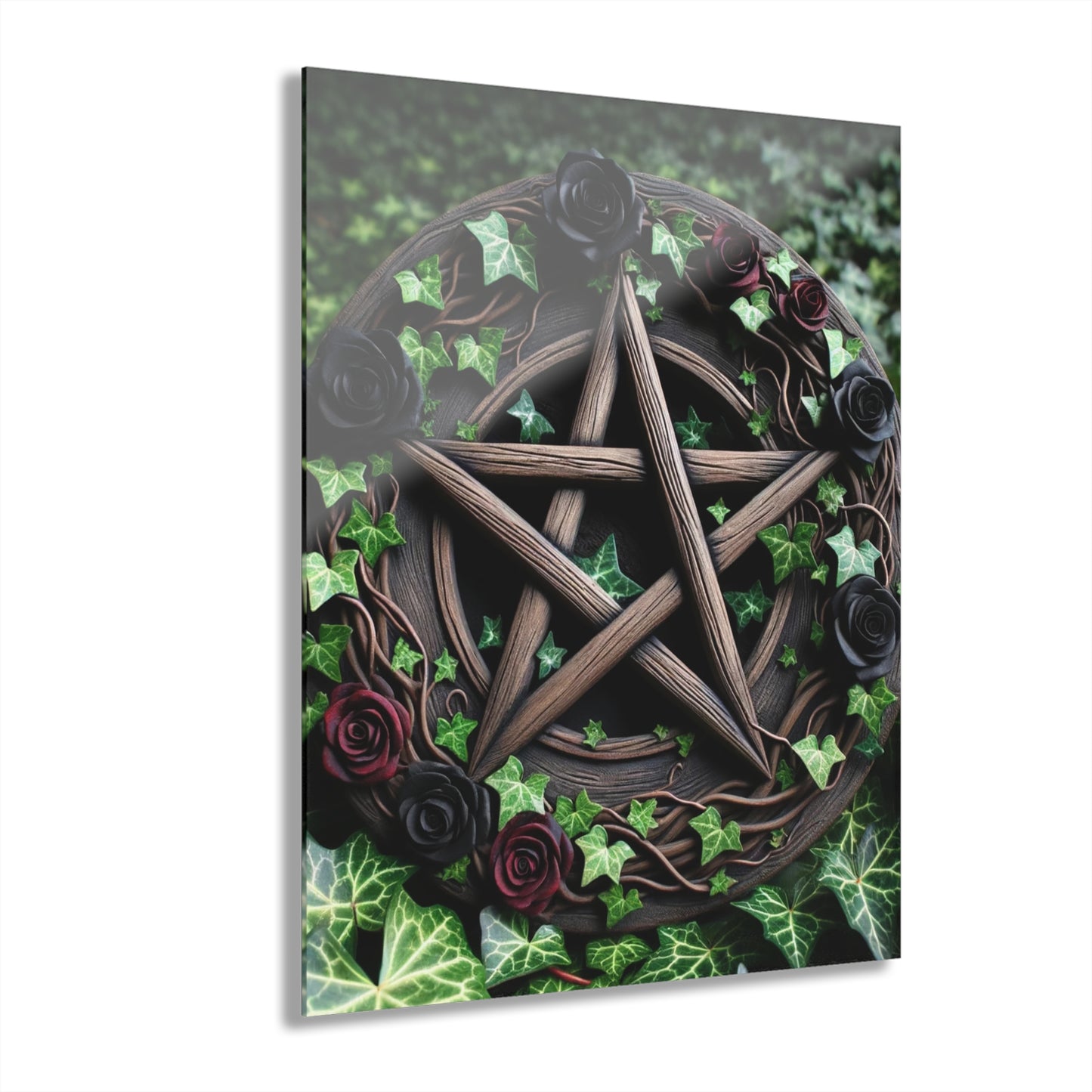 Acrylic Print Wall Decor - Wood Pentacle with Red and Black Roses in Ivy