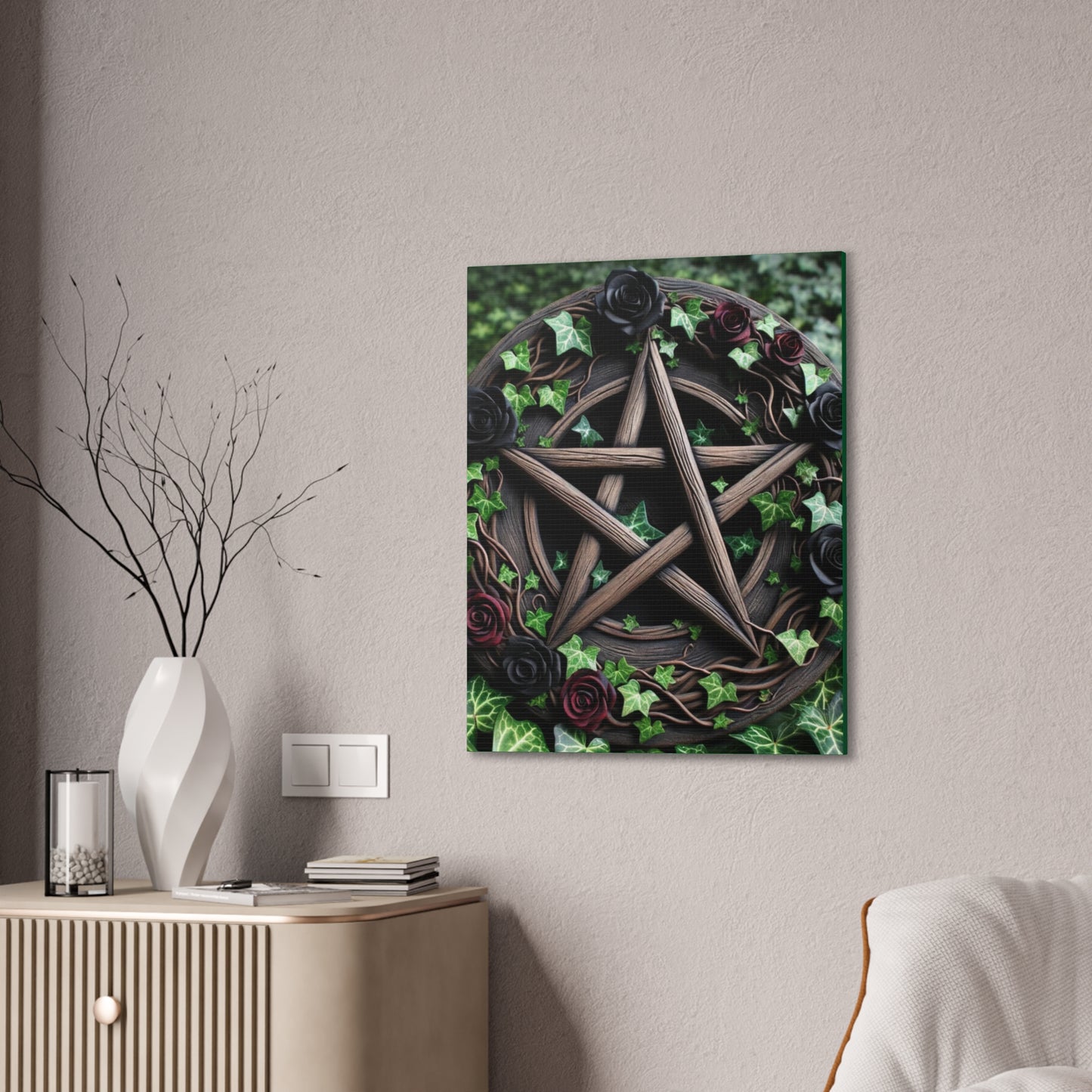 Canvas Wall Art, Wood Pentacle with Red and Black Roses in Ivy Design