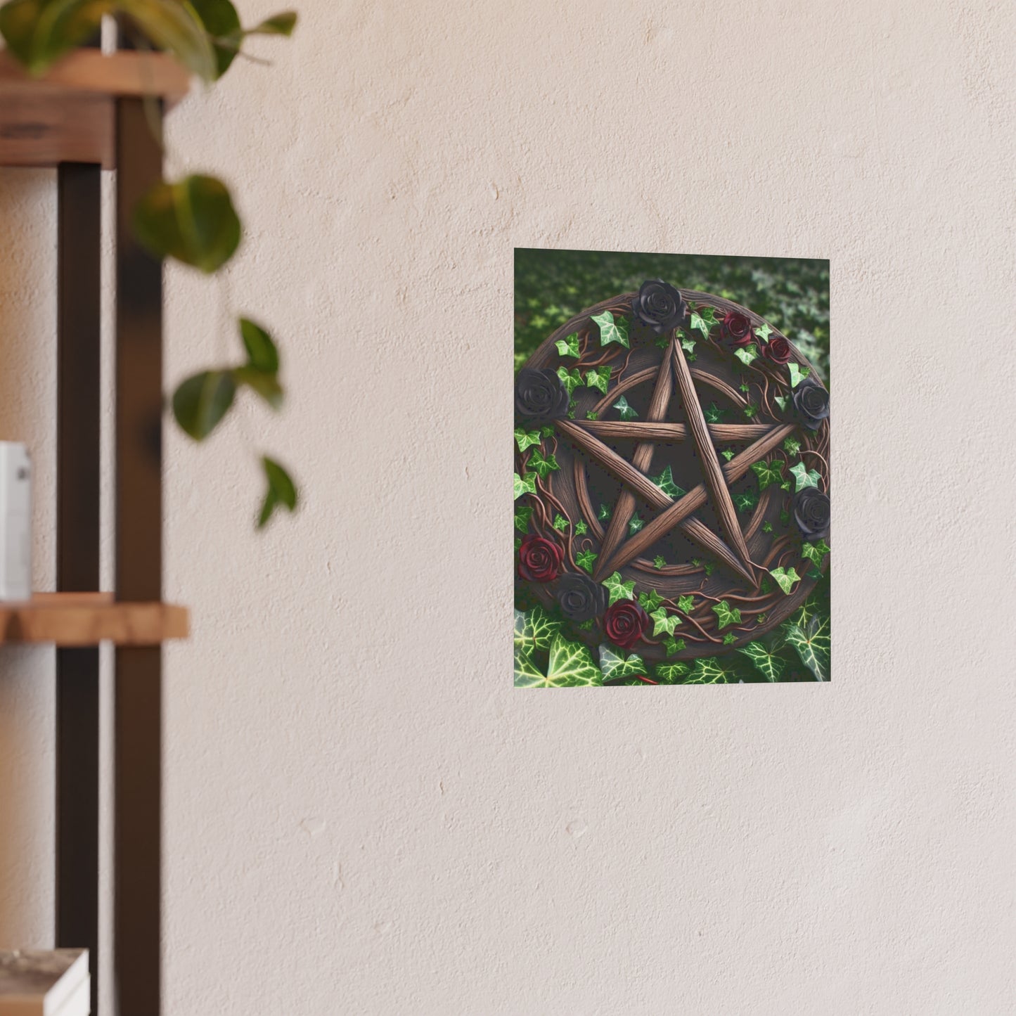 Poster - Wood Pentacle with Red and Black Roses in Ivy