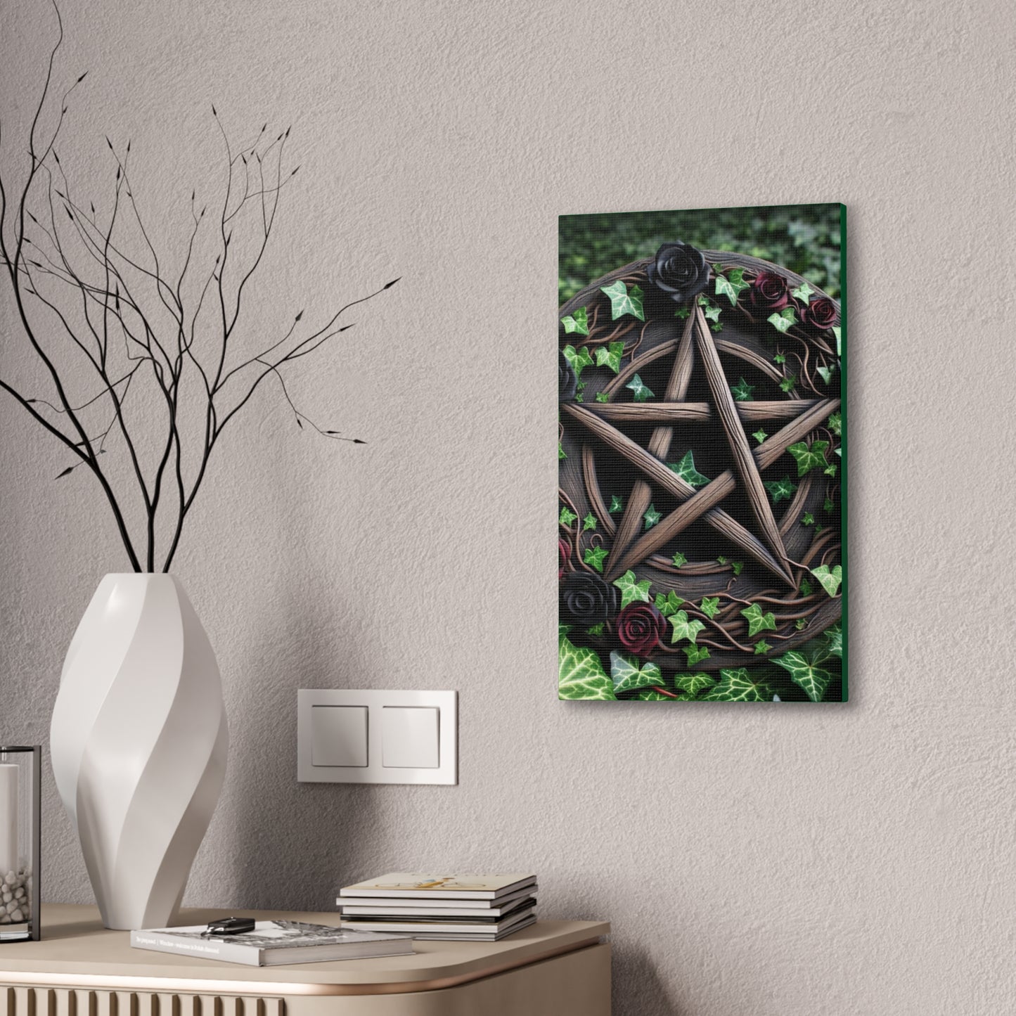 Canvas Wall Art, Wood Pentacle with Red and Black Roses in Ivy Design