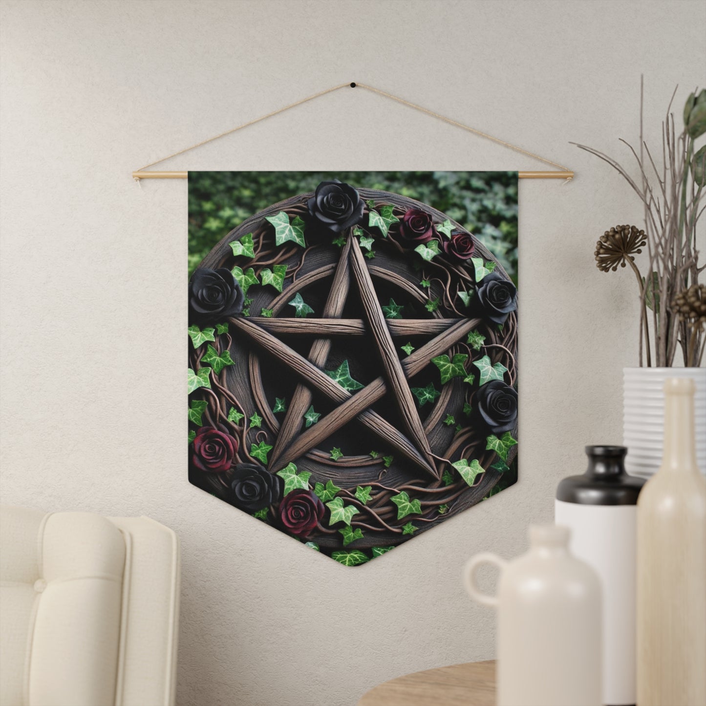 Pennant Flag Wood Pentacle with Red and Black Roses Ivy