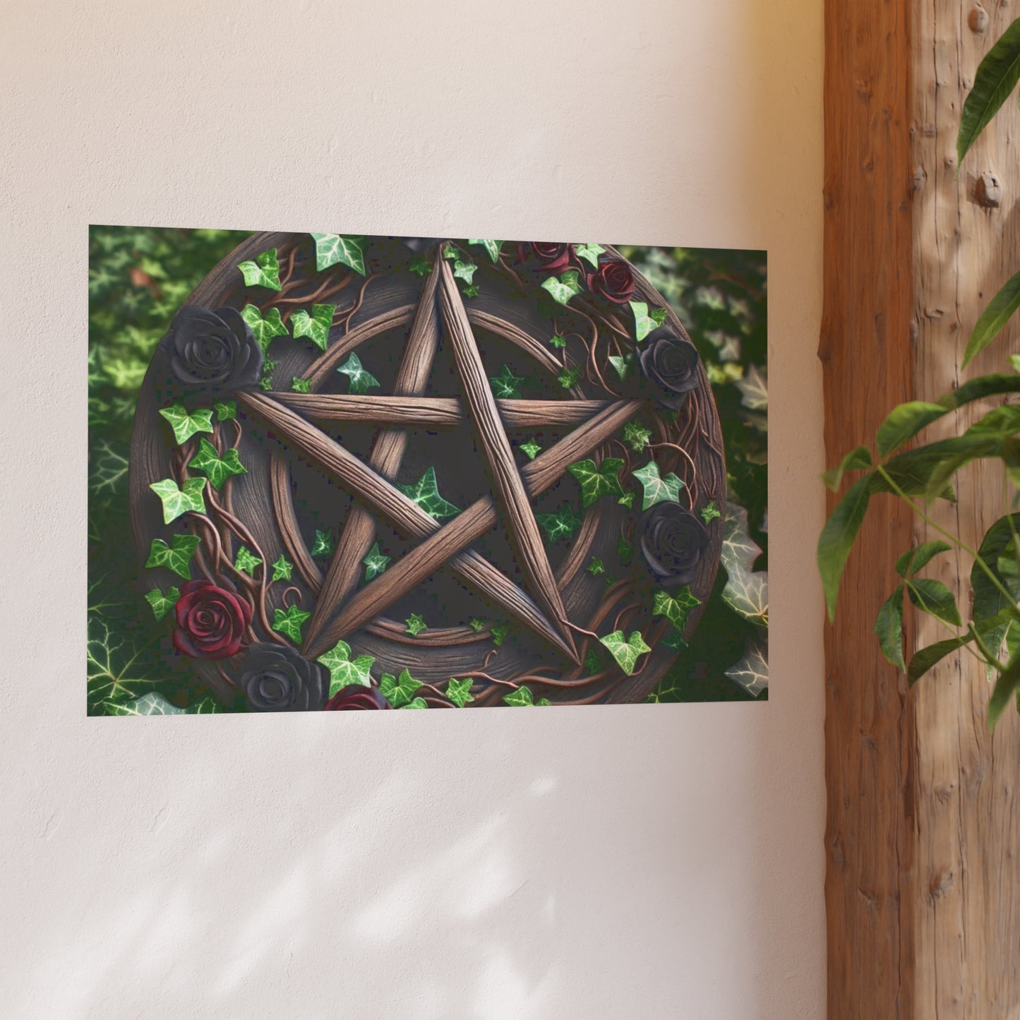 Poster - Wood Pentacle with Red and Black Roses in Ivy