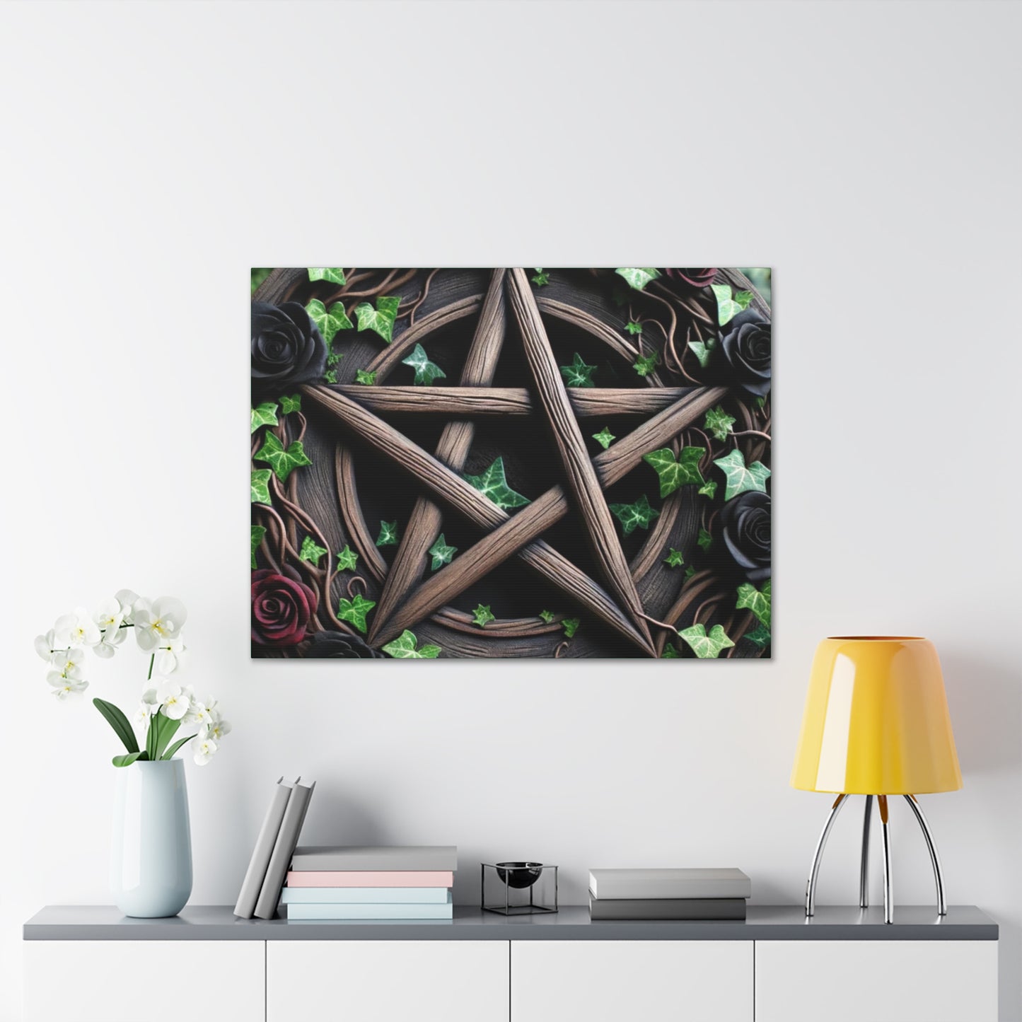 Canvas Wall Art, Wood Pentacle with Red and Black Roses in Ivy Design