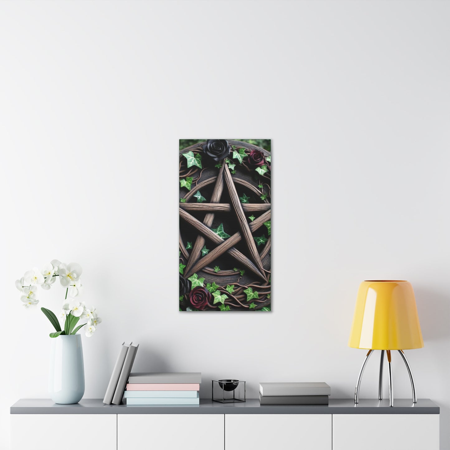 Canvas Wall Art, Wood Pentacle with Red and Black Roses in Ivy Design