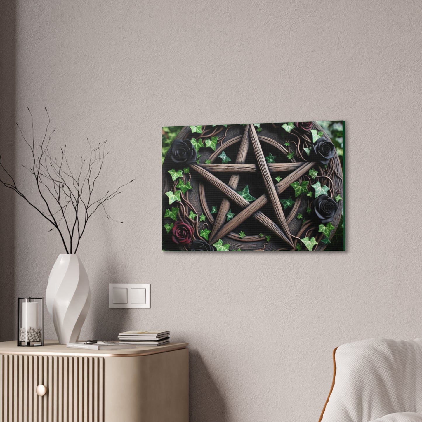 Canvas Wall Art, Wood Pentacle with Red and Black Roses in Ivy Design