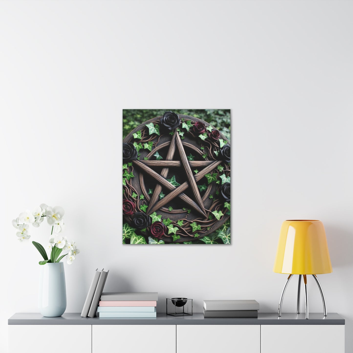 Canvas Wall Art, Wood Pentacle with Red and Black Roses in Ivy Design