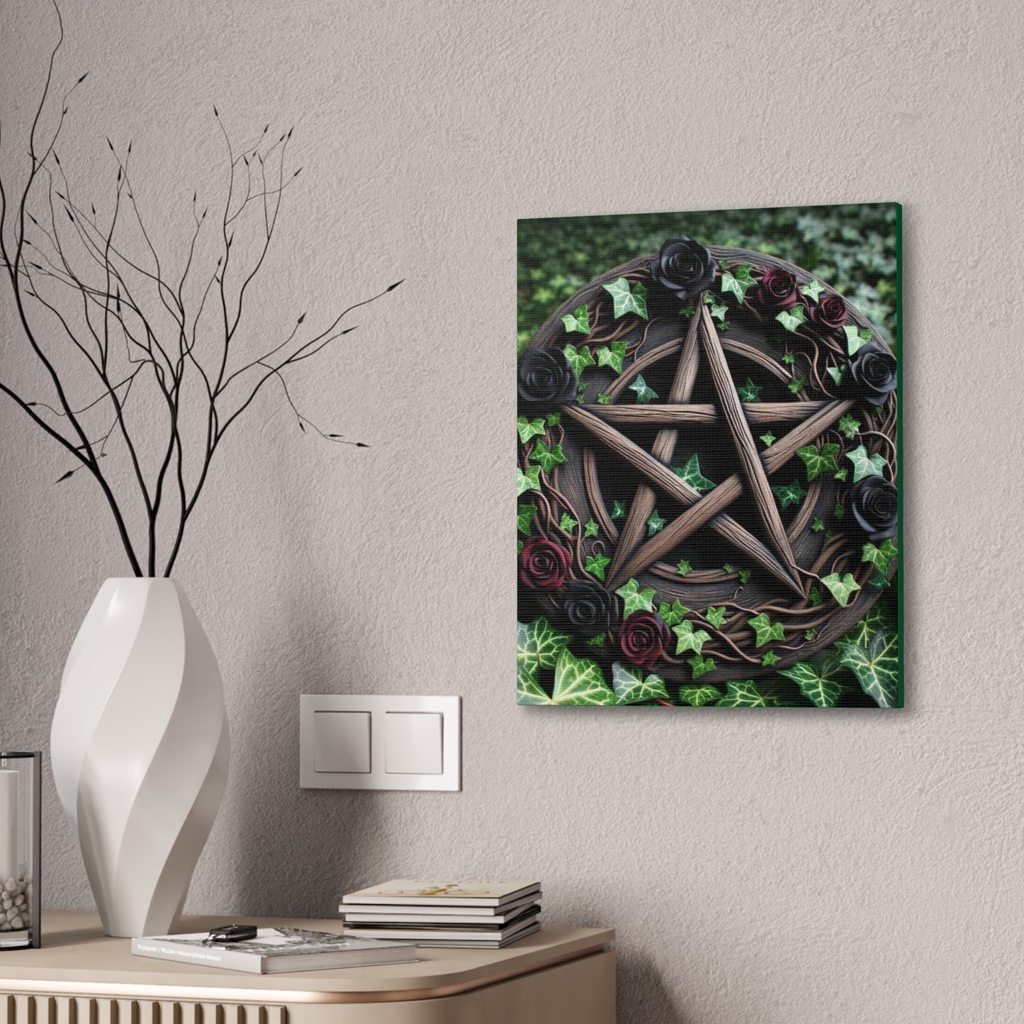 Canvas Wall Art, Wood Pentacle with Red and Black Roses in Ivy Design