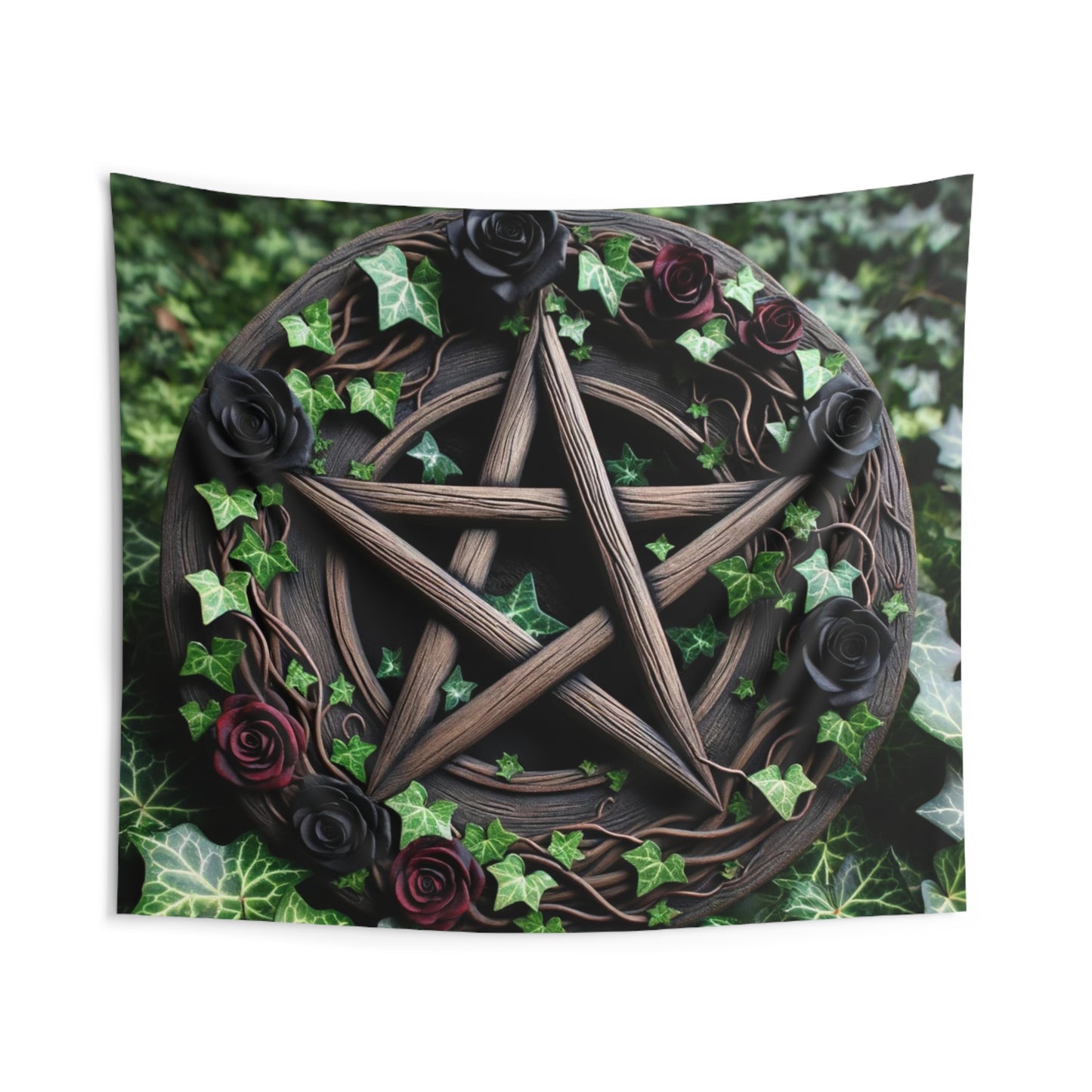 Tapestry Wall Decor - Wood Pentacle with Red and Black Roses in Ivy