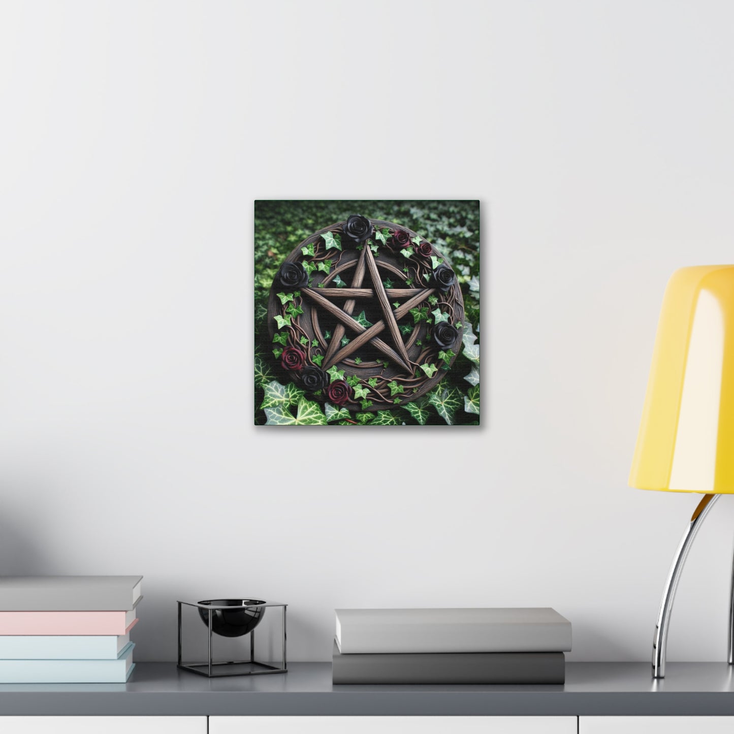 Canvas Wall Art, Wood Pentacle with Red and Black Roses in Ivy Design