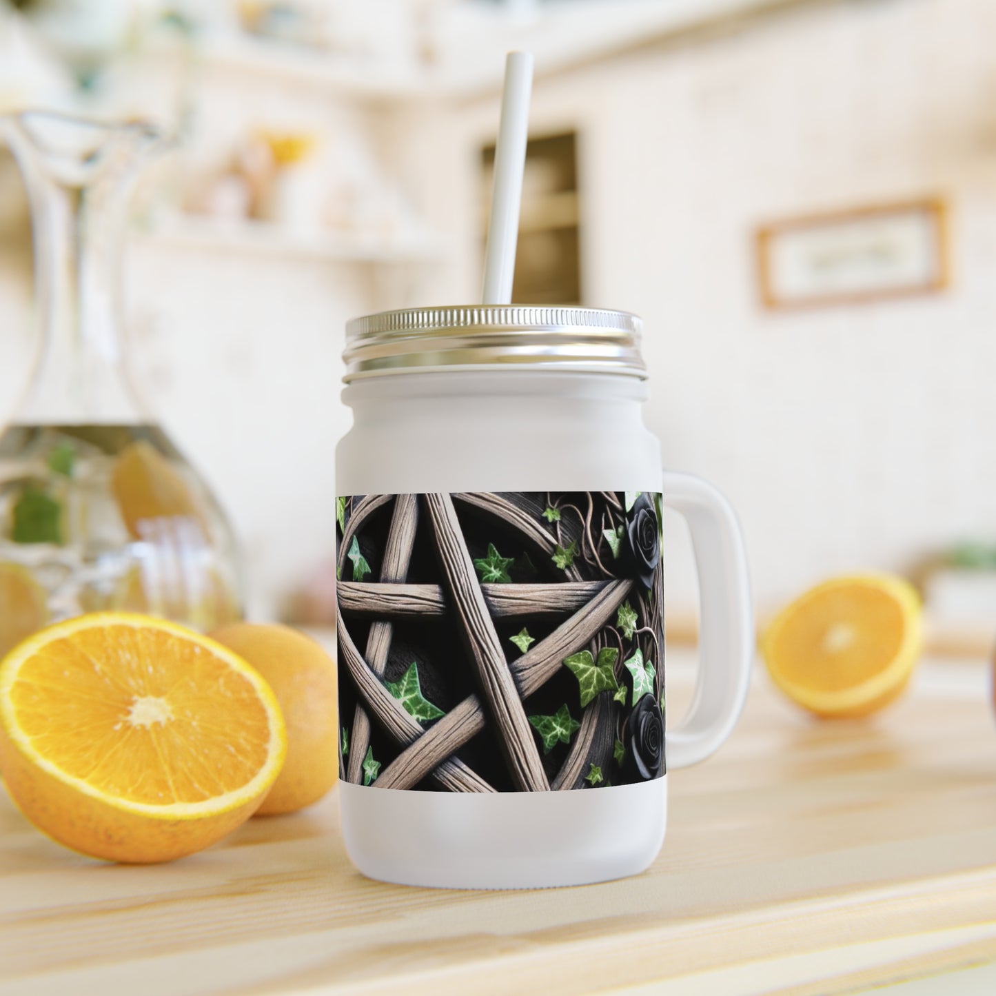 Mason Jar Mug with Wood Pentacle and Roses Design