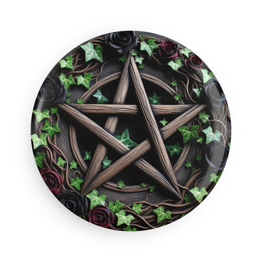 Button Magnet, Wood Pentacle with Red and Black Roses in Ivy, Round (1 & 10 pcs)