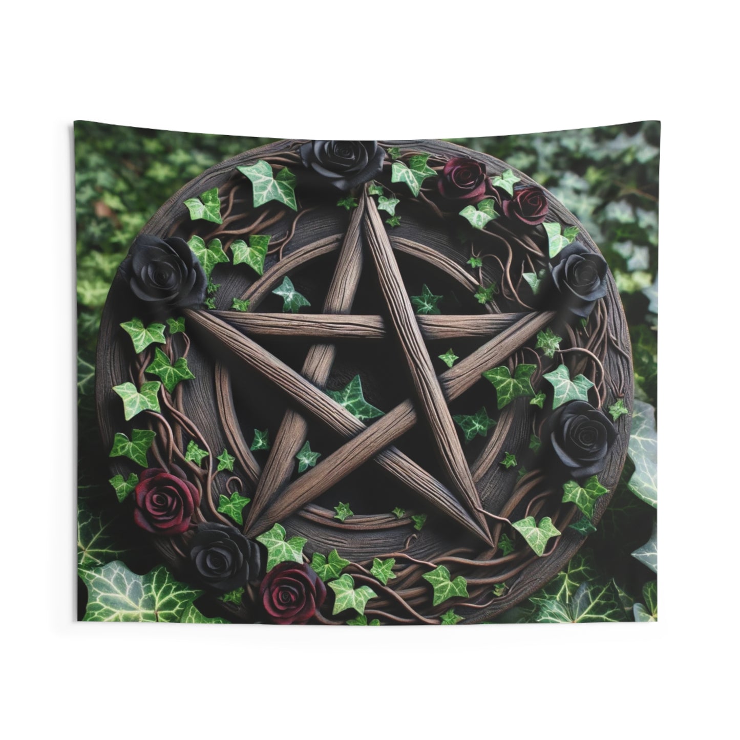 Tapestry Wall Decor - Wood Pentacle with Red and Black Roses in Ivy