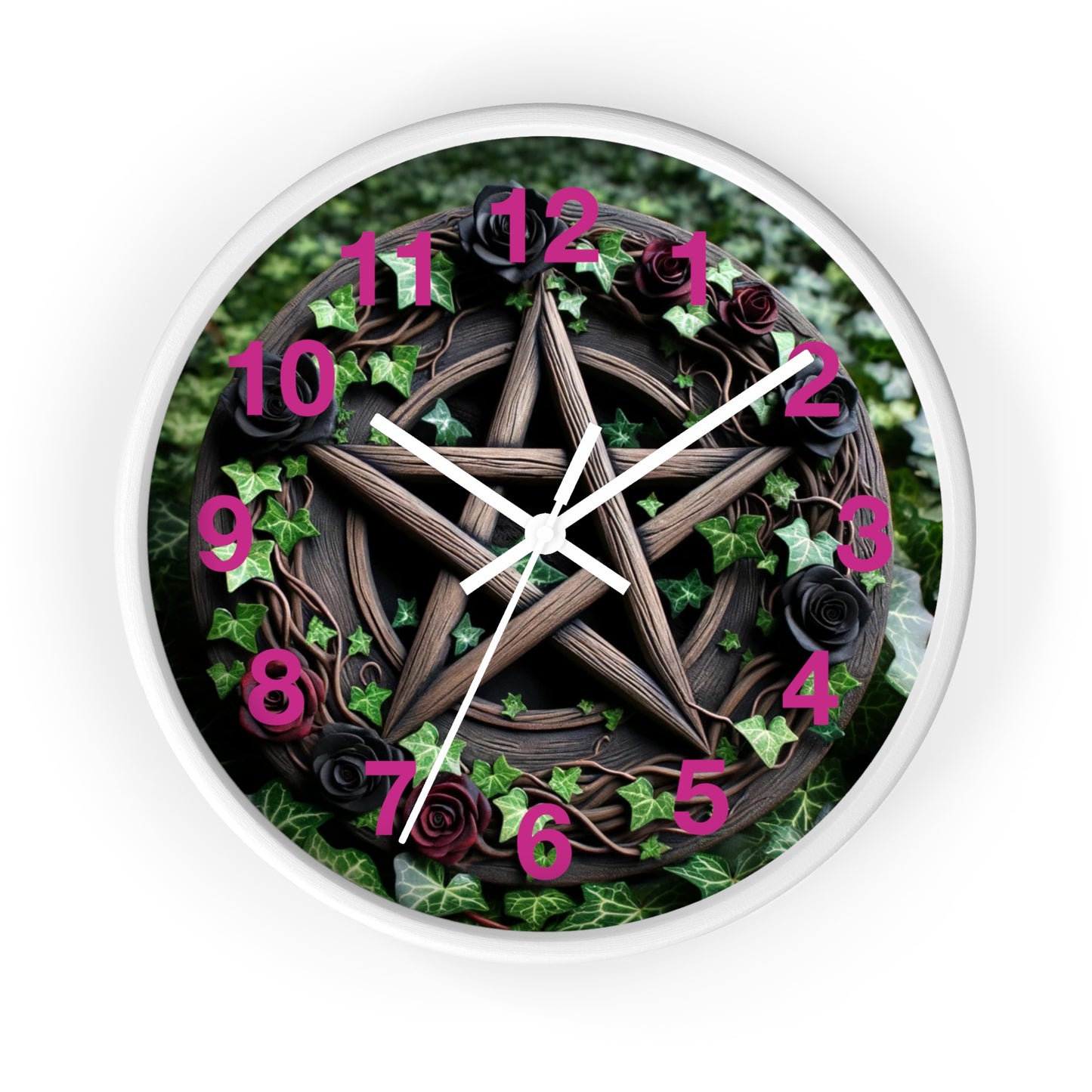 Wood Pentacle Wall Clock with Red and Black Roses in Ivy