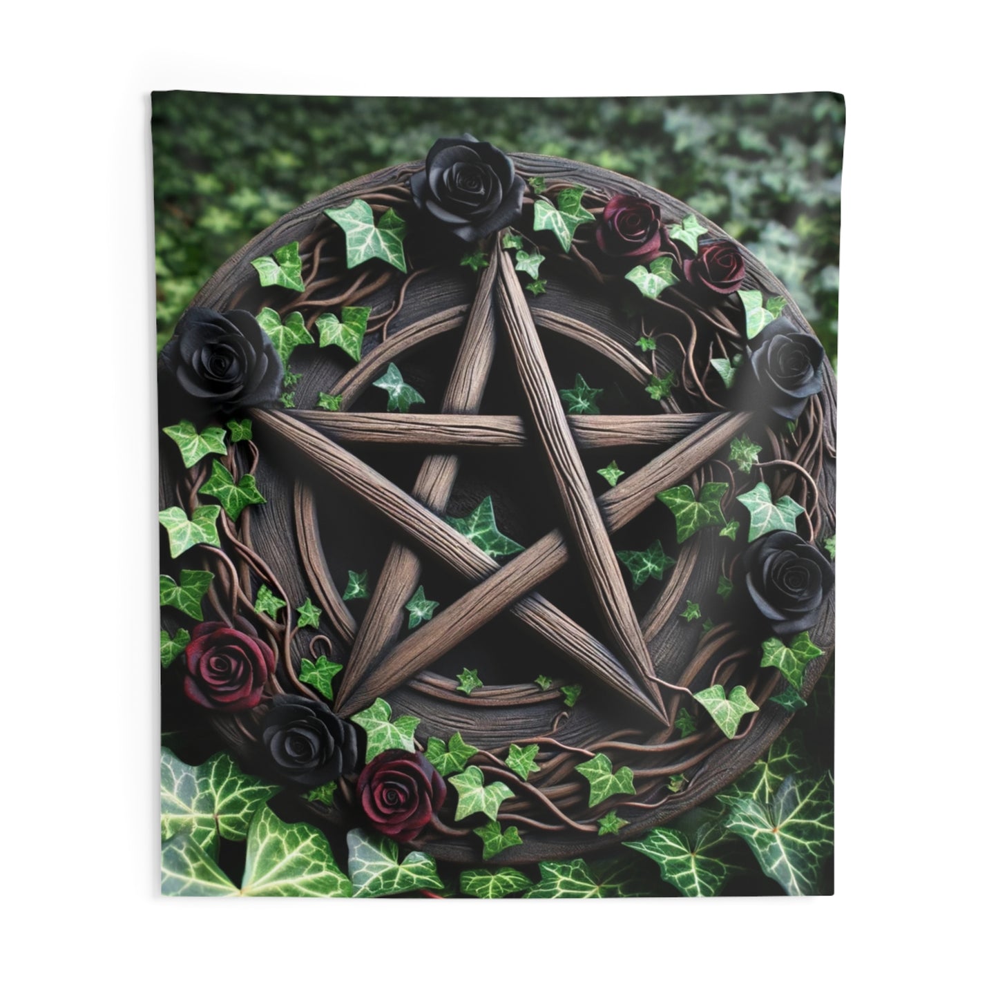 Tapestry Wall Decor - Wood Pentacle with Red and Black Roses in Ivy