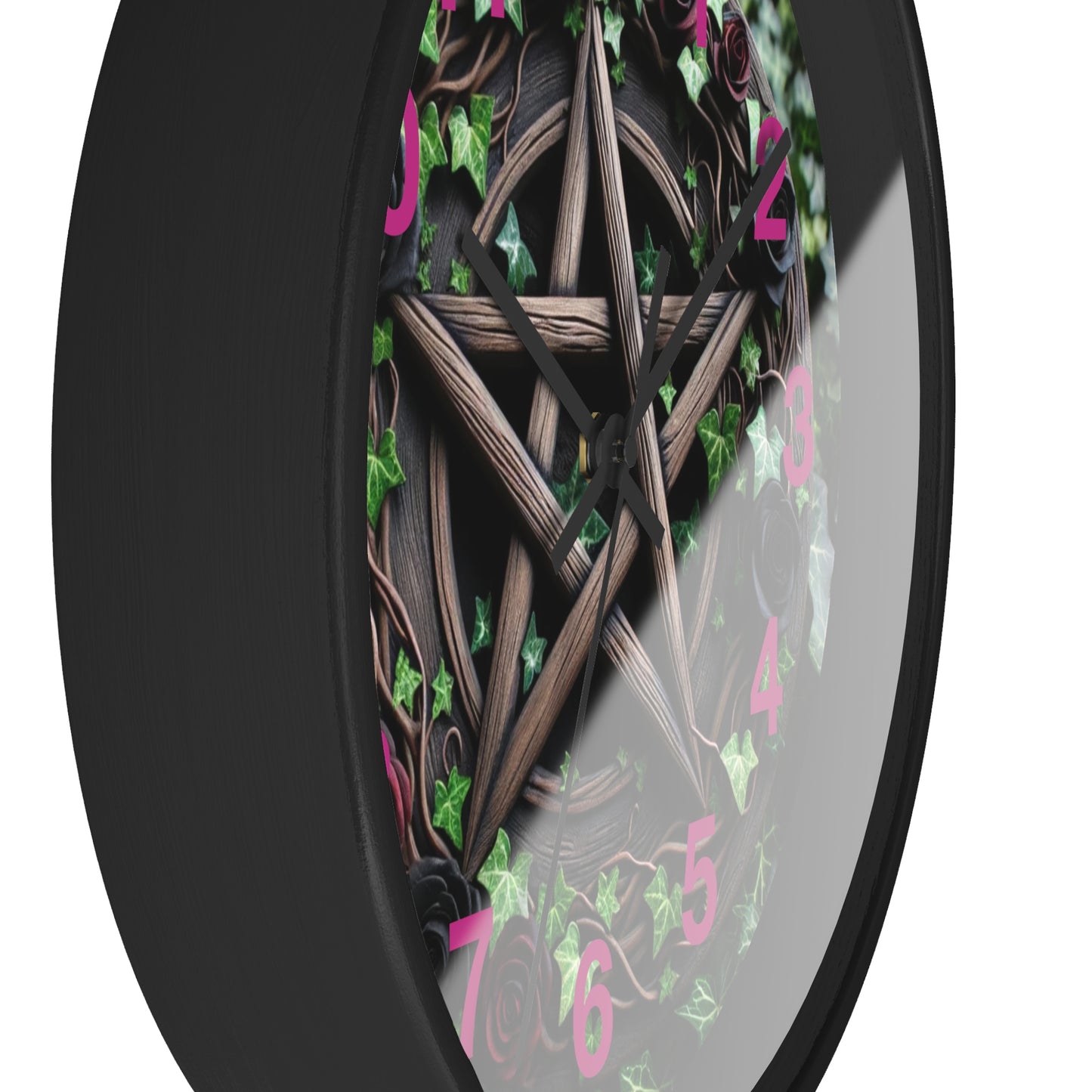 Wood Pentacle Wall Clock with Red and Black Roses in Ivy