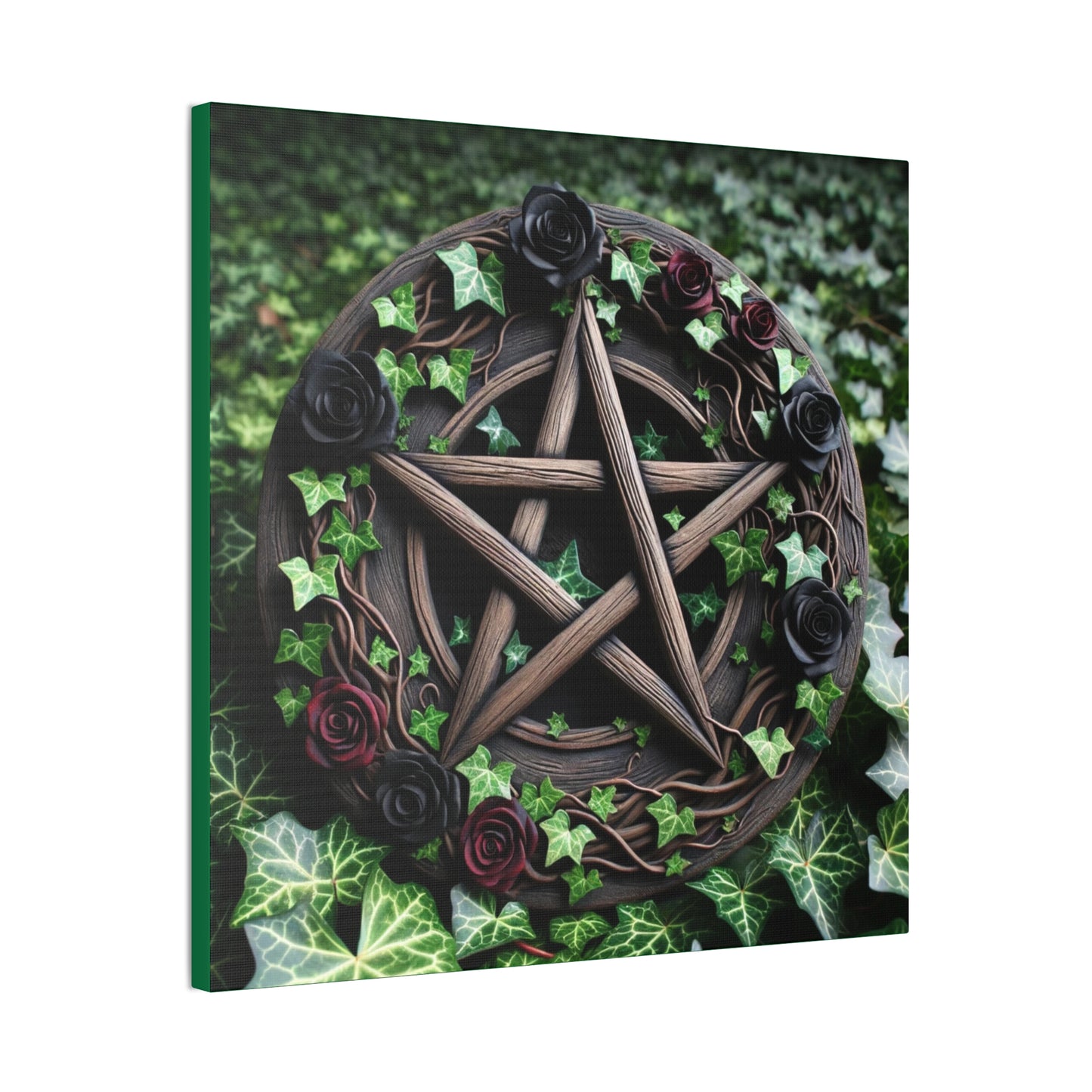 Canvas Wall Art, Wood Pentacle with Red and Black Roses in Ivy Design