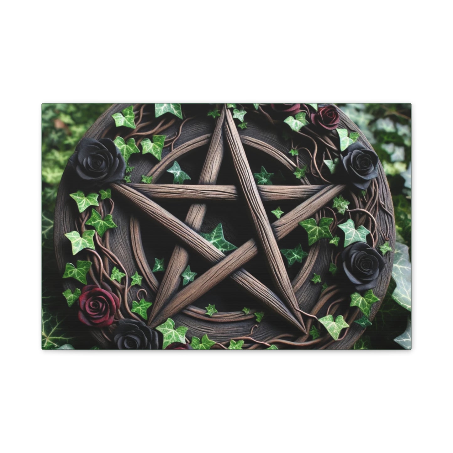 Canvas Wall Art, Wood Pentacle with Red and Black Roses in Ivy Design