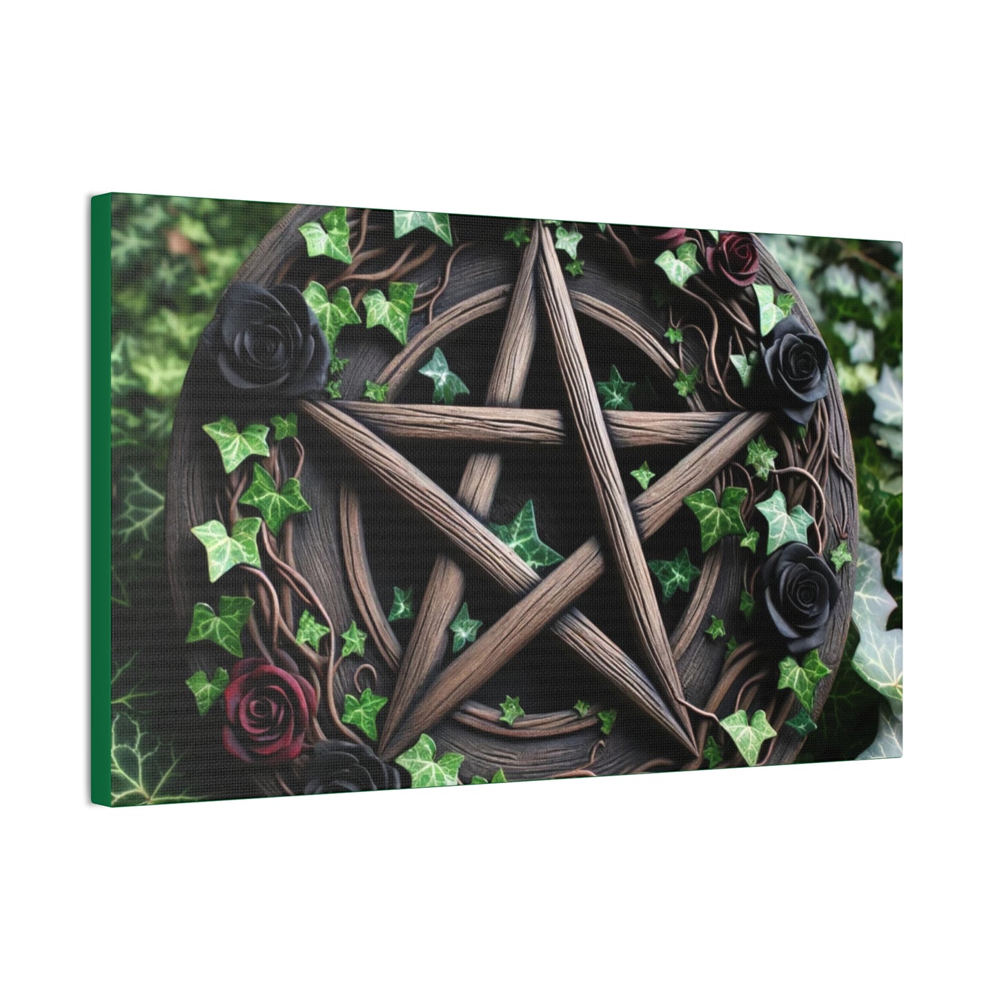 Canvas Wall Art, Wood Pentacle with Red and Black Roses in Ivy Design