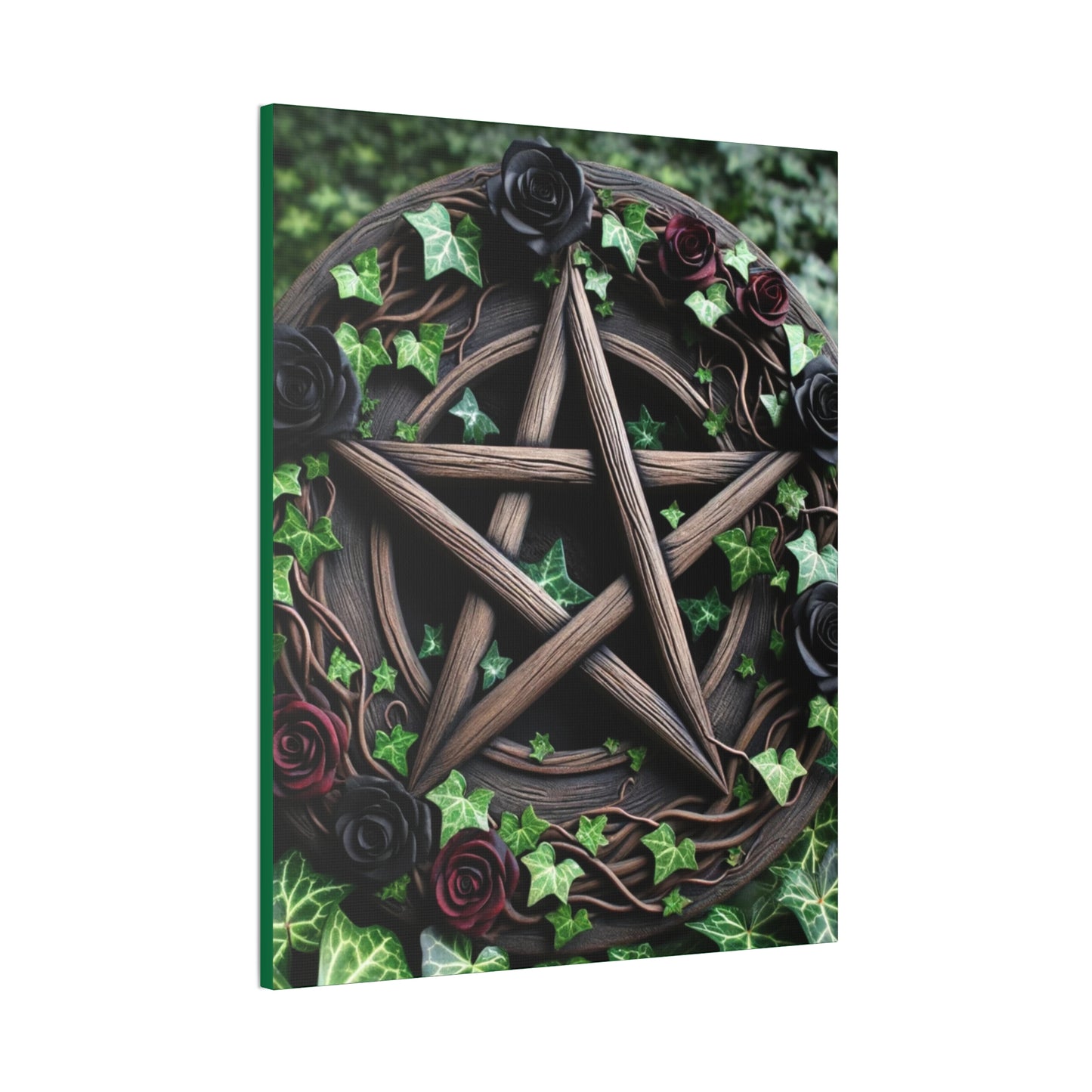 Canvas Wall Art, Wood Pentacle with Red and Black Roses in Ivy Design