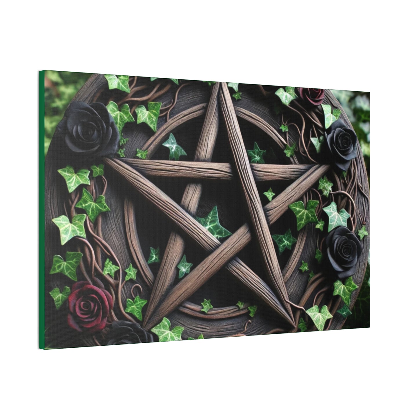 Canvas Wall Art, Wood Pentacle with Red and Black Roses in Ivy Design