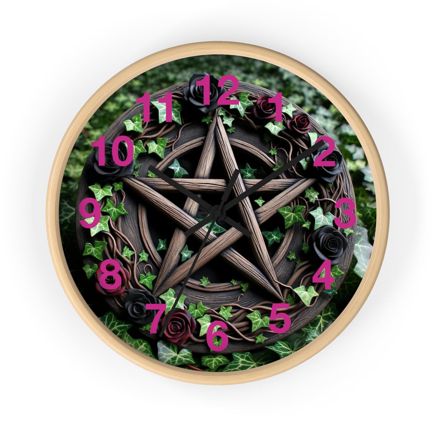 Wood Pentacle Wall Clock with Red and Black Roses in Ivy