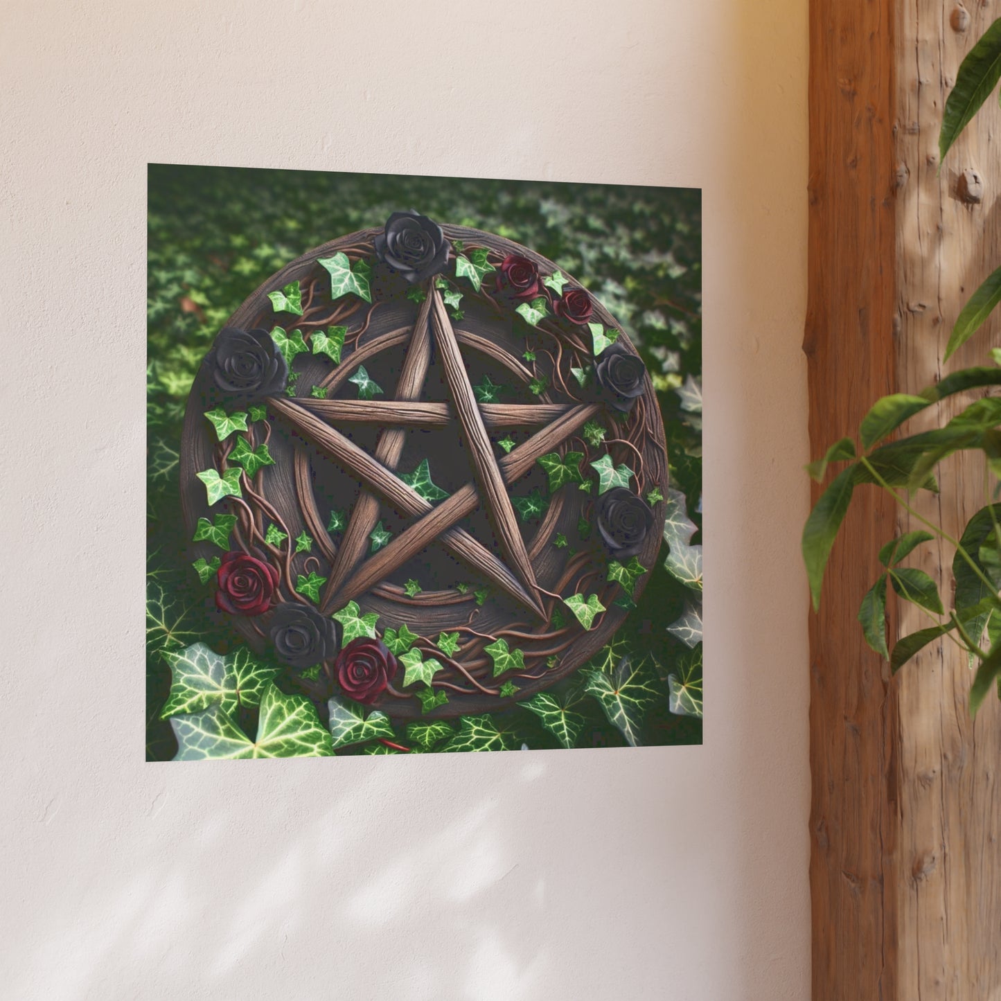 Poster - Wood Pentacle with Red and Black Roses in Ivy