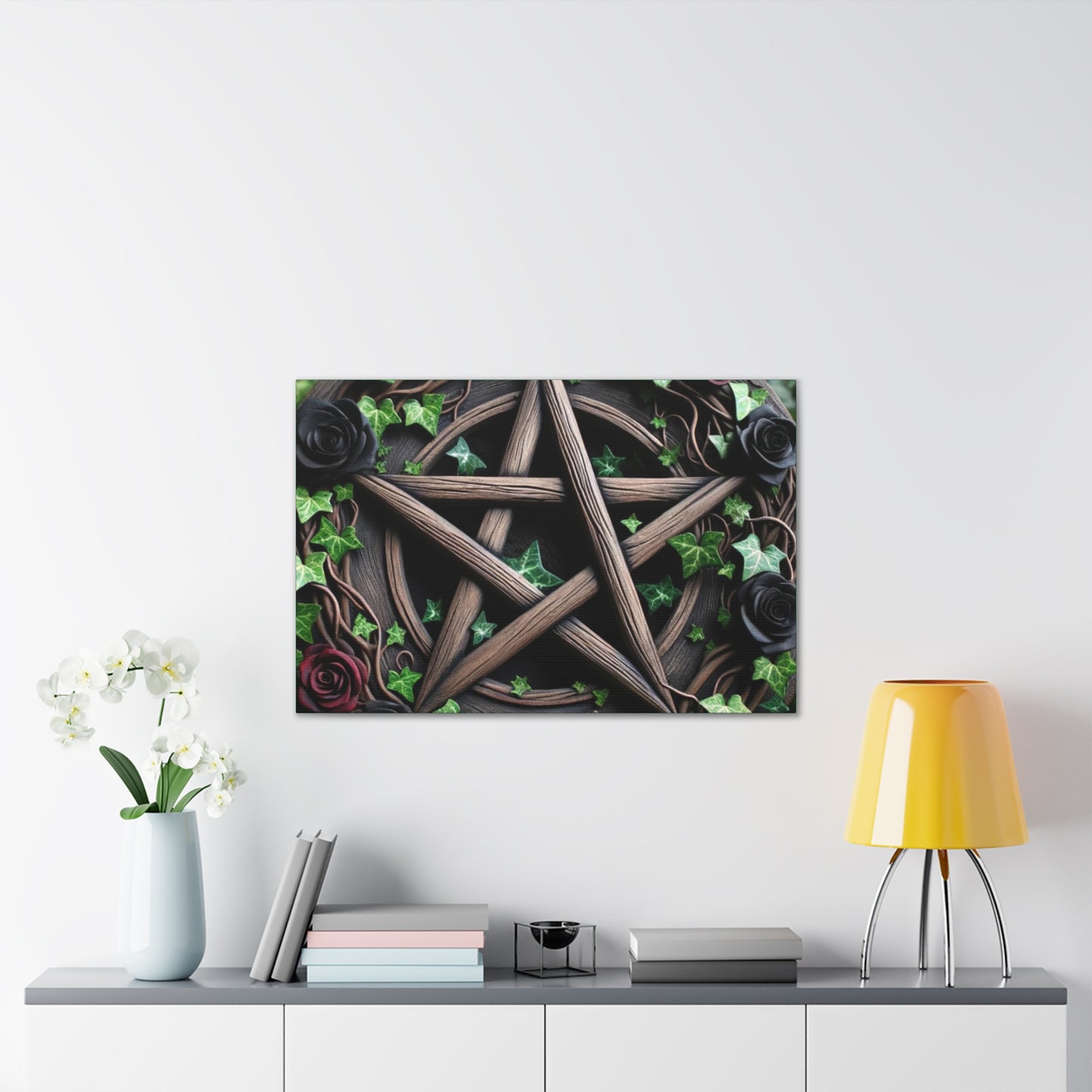 Canvas Wall Art, Wood Pentacle with Red and Black Roses in Ivy Design