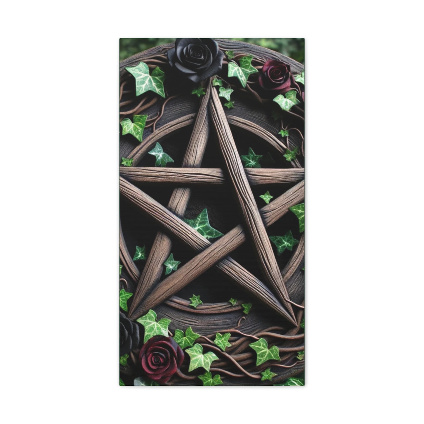 Canvas Wall Art, Wood Pentacle with Red and Black Roses in Ivy Design