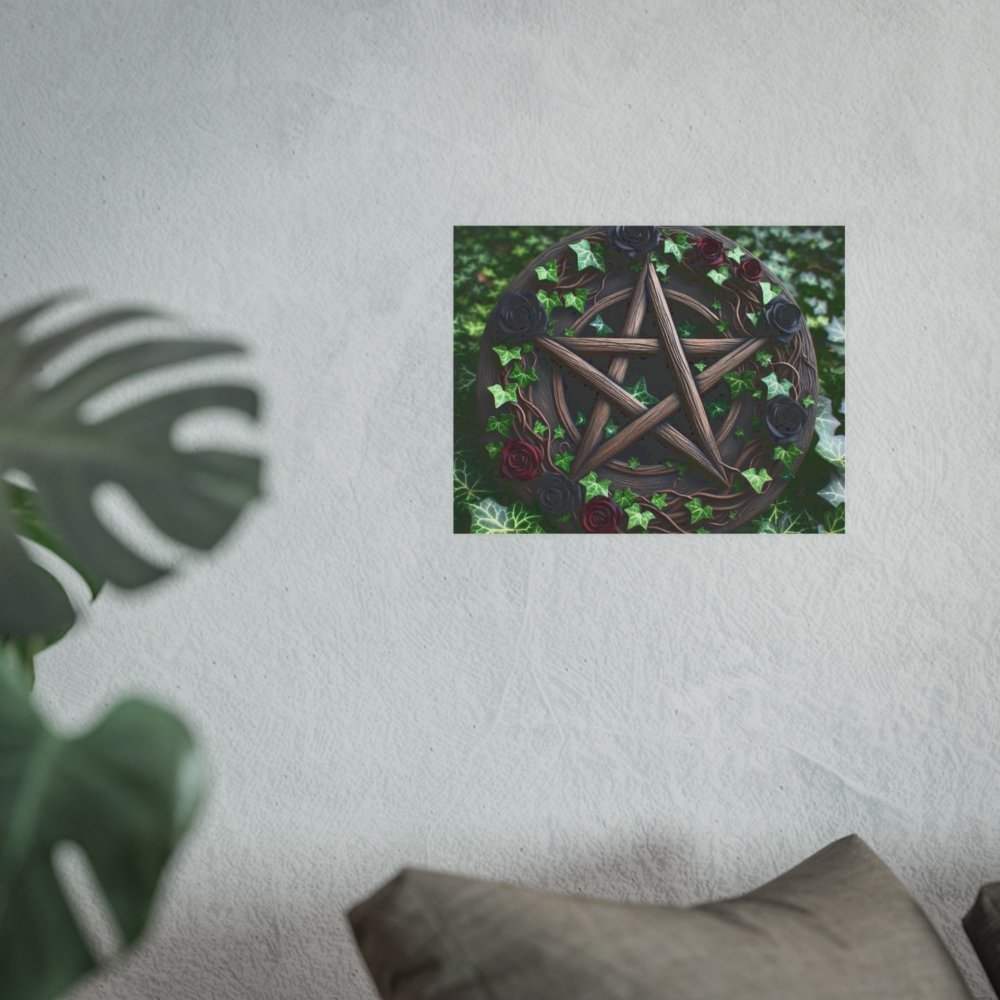 Poster - Wood Pentacle with Red and Black Roses in Ivy