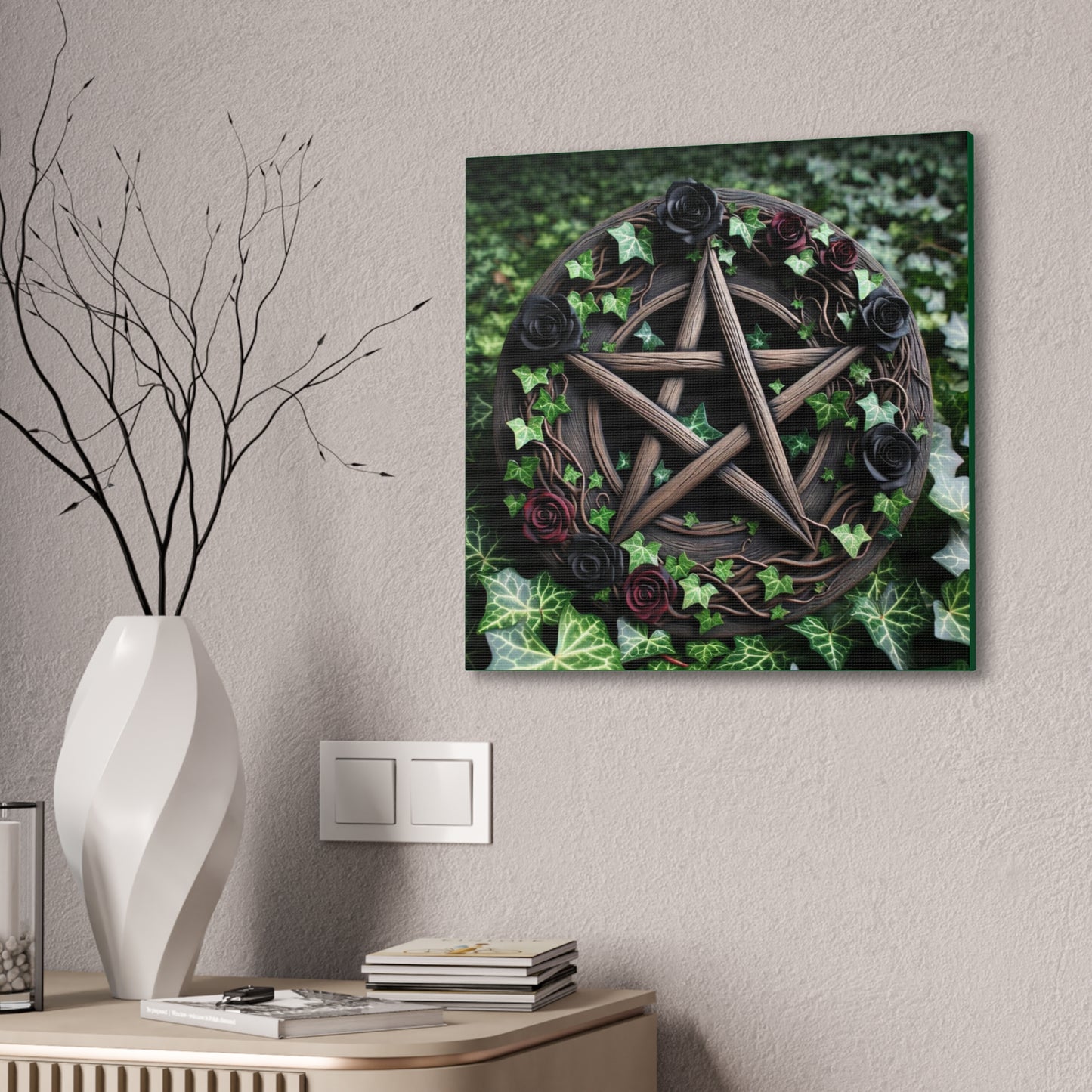 Canvas Wall Art, Wood Pentacle with Red and Black Roses in Ivy Design