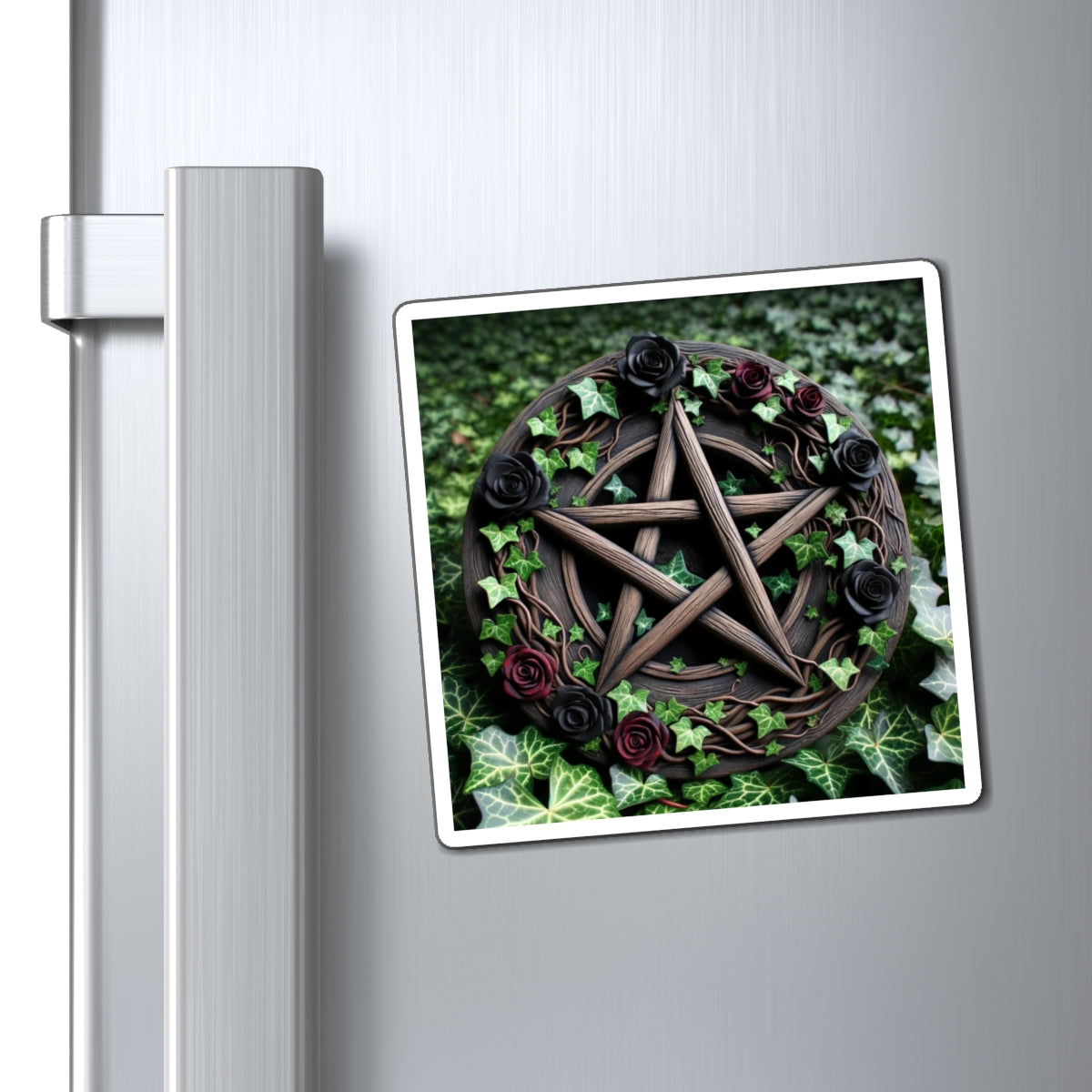 Magnets - Wood Pentacle with Red and Black Roses in Ivy