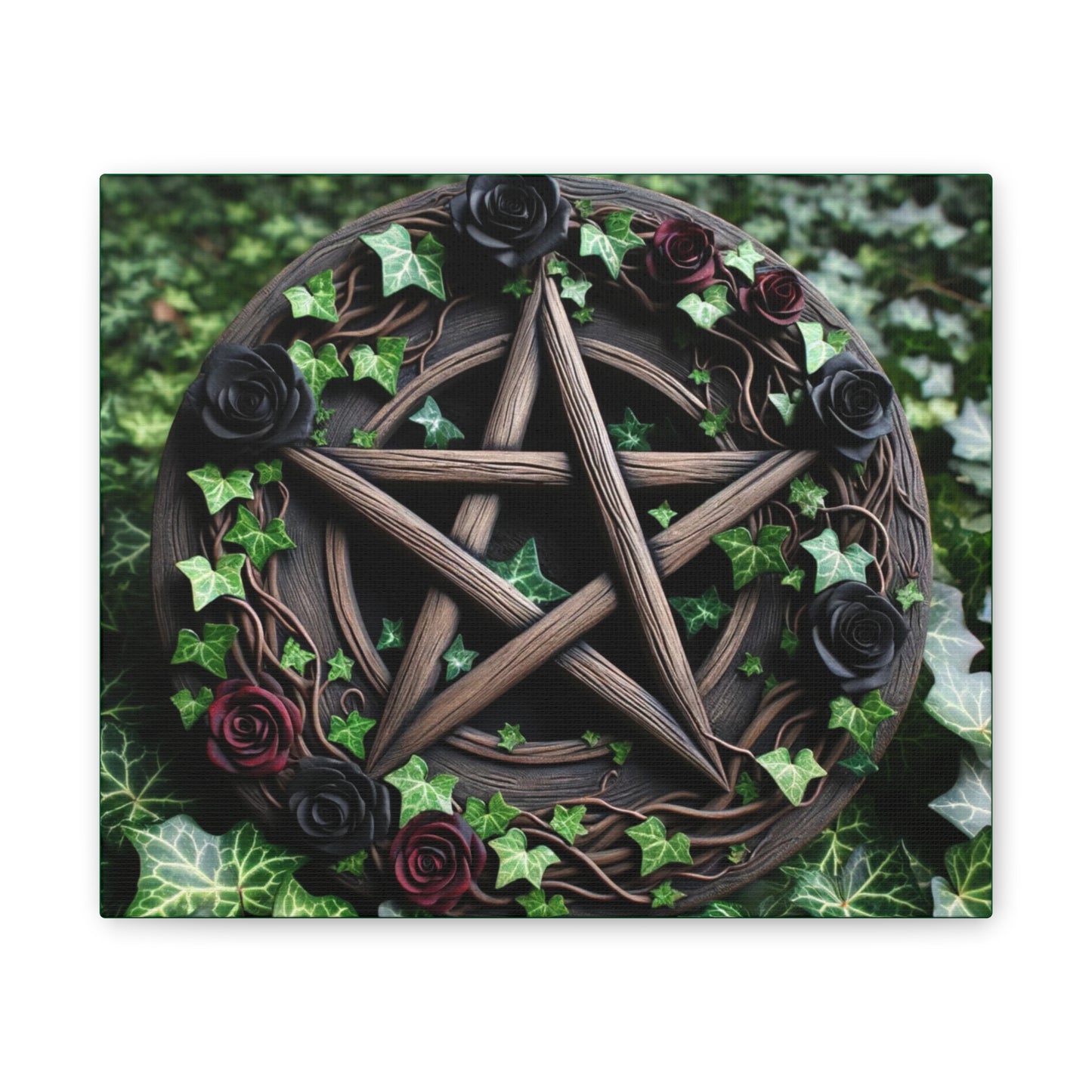 Canvas Wall Art, Wood Pentacle with Red and Black Roses in Ivy Design