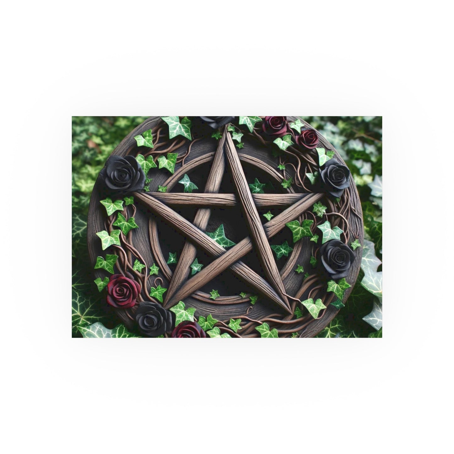 Poster - Wood Pentacle with Red and Black Roses in Ivy