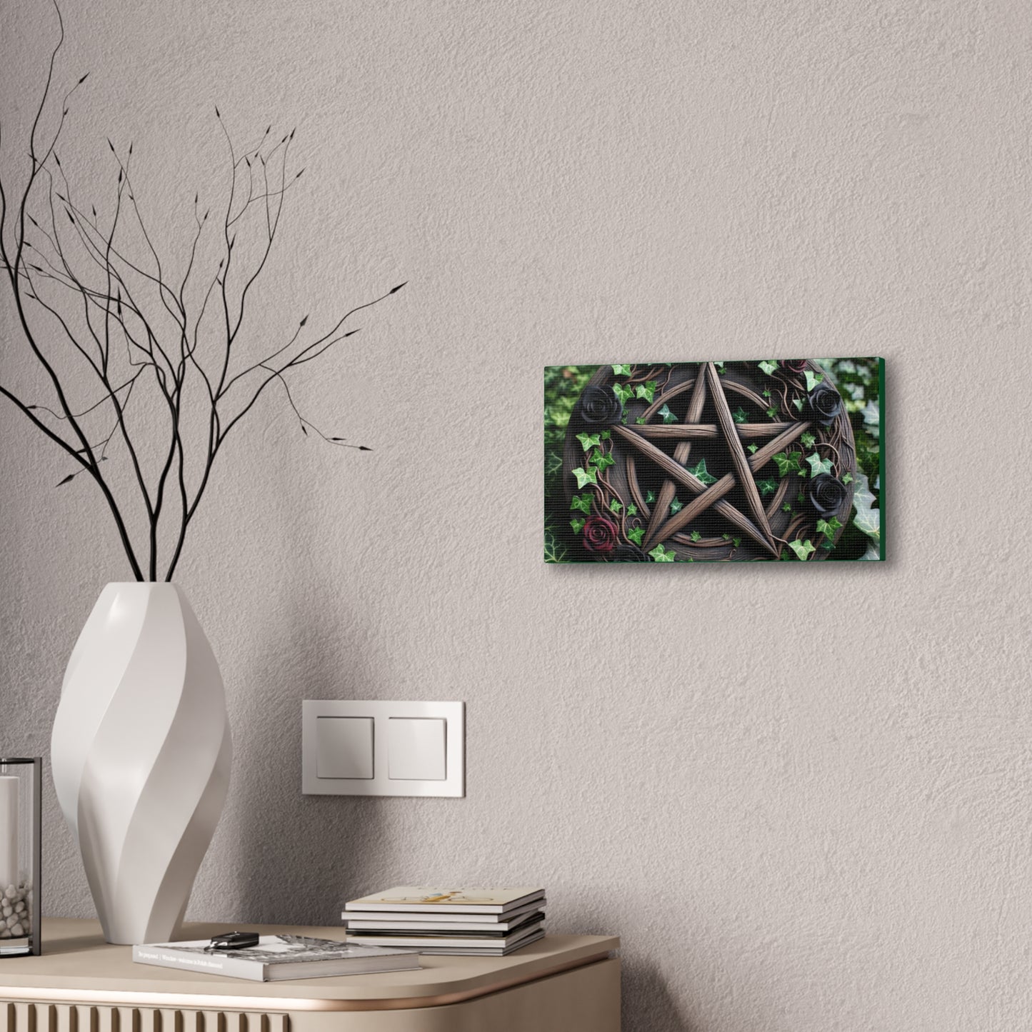 Canvas Wall Art, Wood Pentacle with Red and Black Roses in Ivy Design