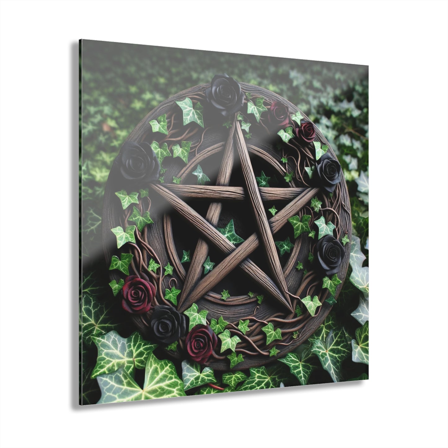 Acrylic Print Wall Decor - Wood Pentacle with Red and Black Roses in Ivy