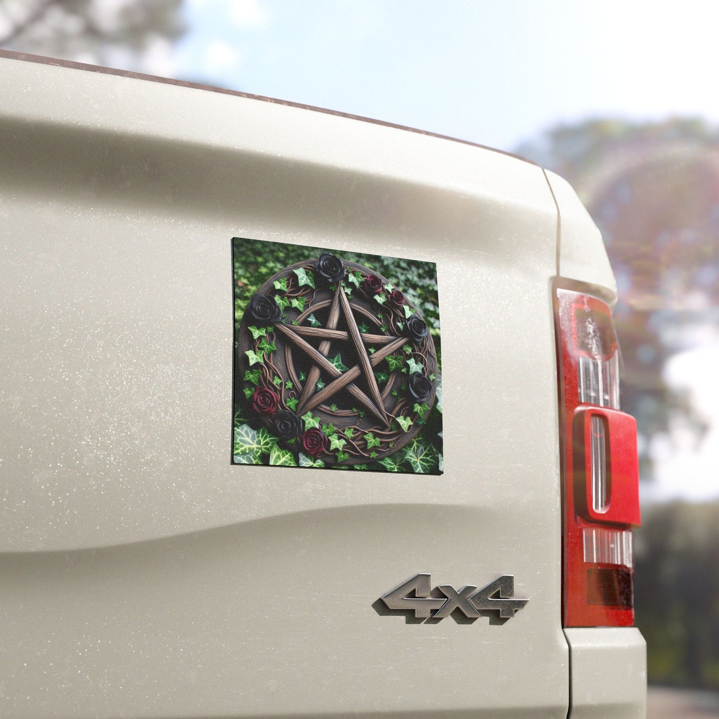 Car Magnet - Wood Pentacle with Red and Black Roses in Ivy Design