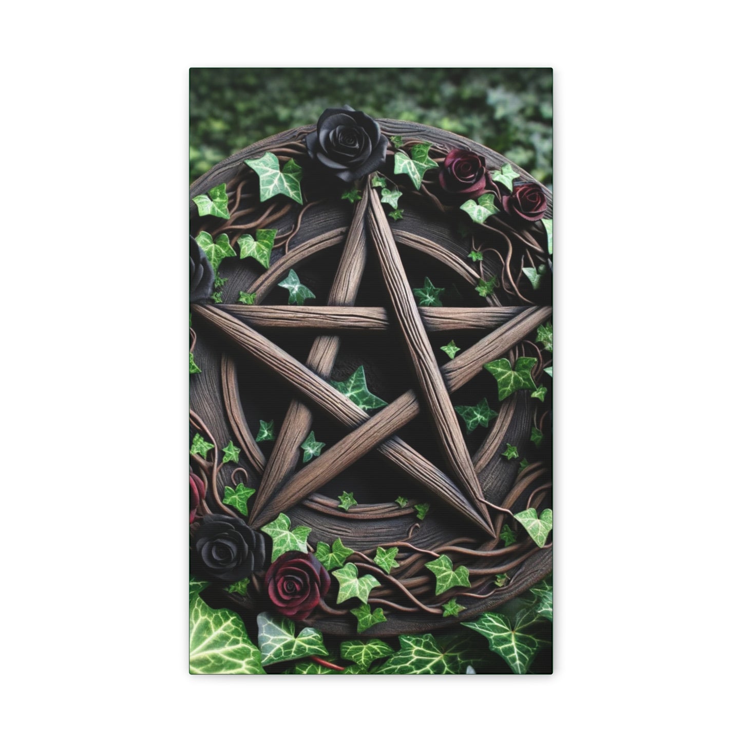 Canvas Wall Art, Wood Pentacle with Red and Black Roses in Ivy Design