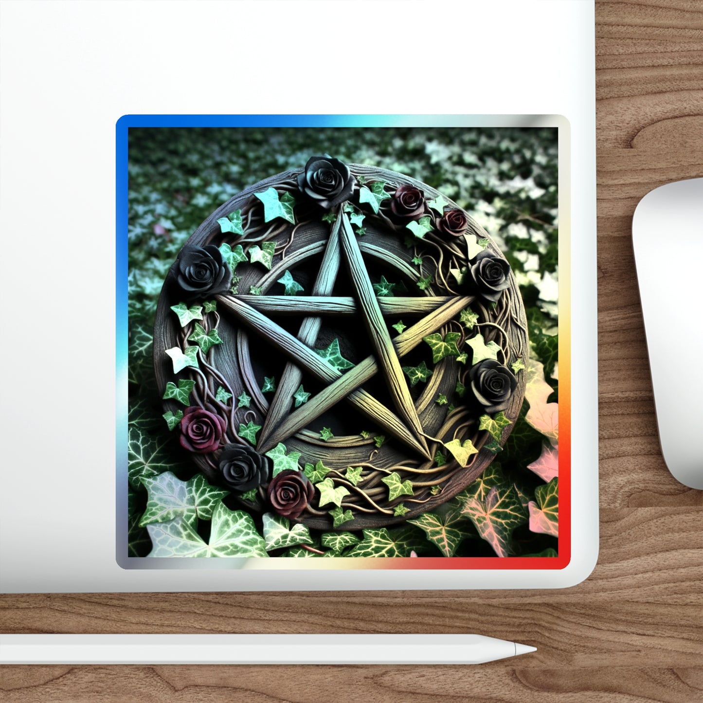 Holographic Sticker - Wood Pentacle with Red and Black Roses in Ivy