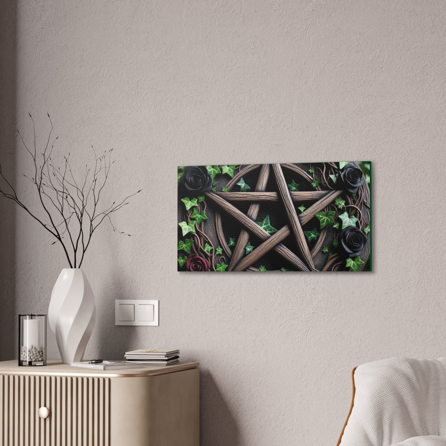 Canvas Wall Art, Wood Pentacle with Red and Black Roses in Ivy Design