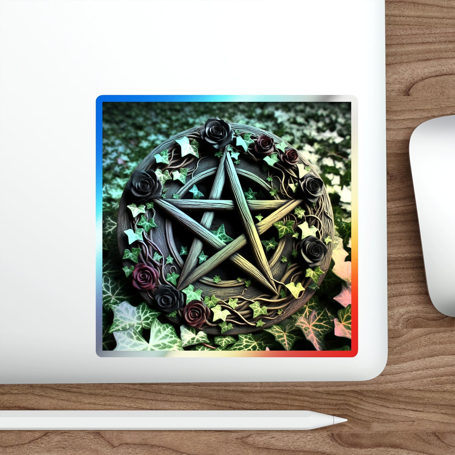 Holographic Sticker - Wood Pentacle with Red and Black Roses in Ivy