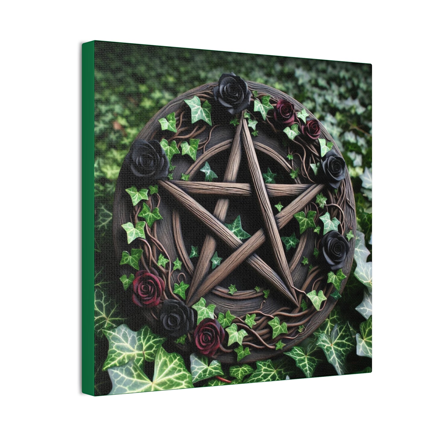 Canvas Wall Art, Wood Pentacle with Red and Black Roses in Ivy Design