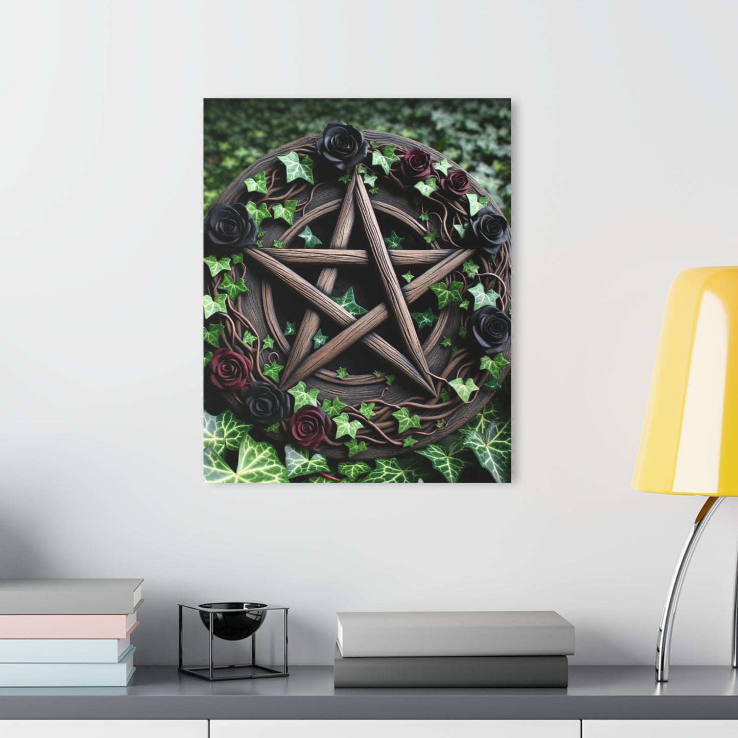 Acrylic Print Wall Decor - Wood Pentacle with Red and Black Roses in Ivy