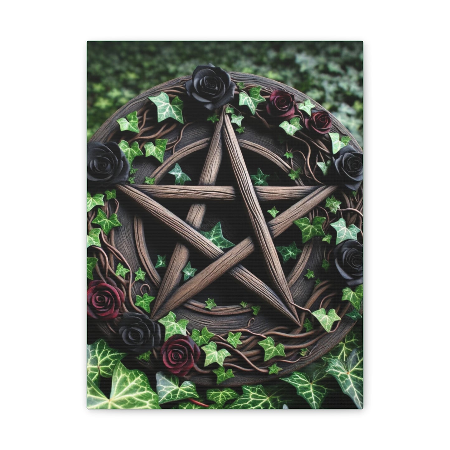 Canvas Wall Art, Wood Pentacle with Red and Black Roses in Ivy Design