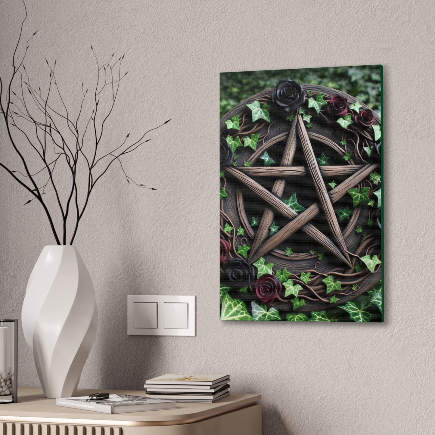 Canvas Wall Art, Wood Pentacle with Red and Black Roses in Ivy Design