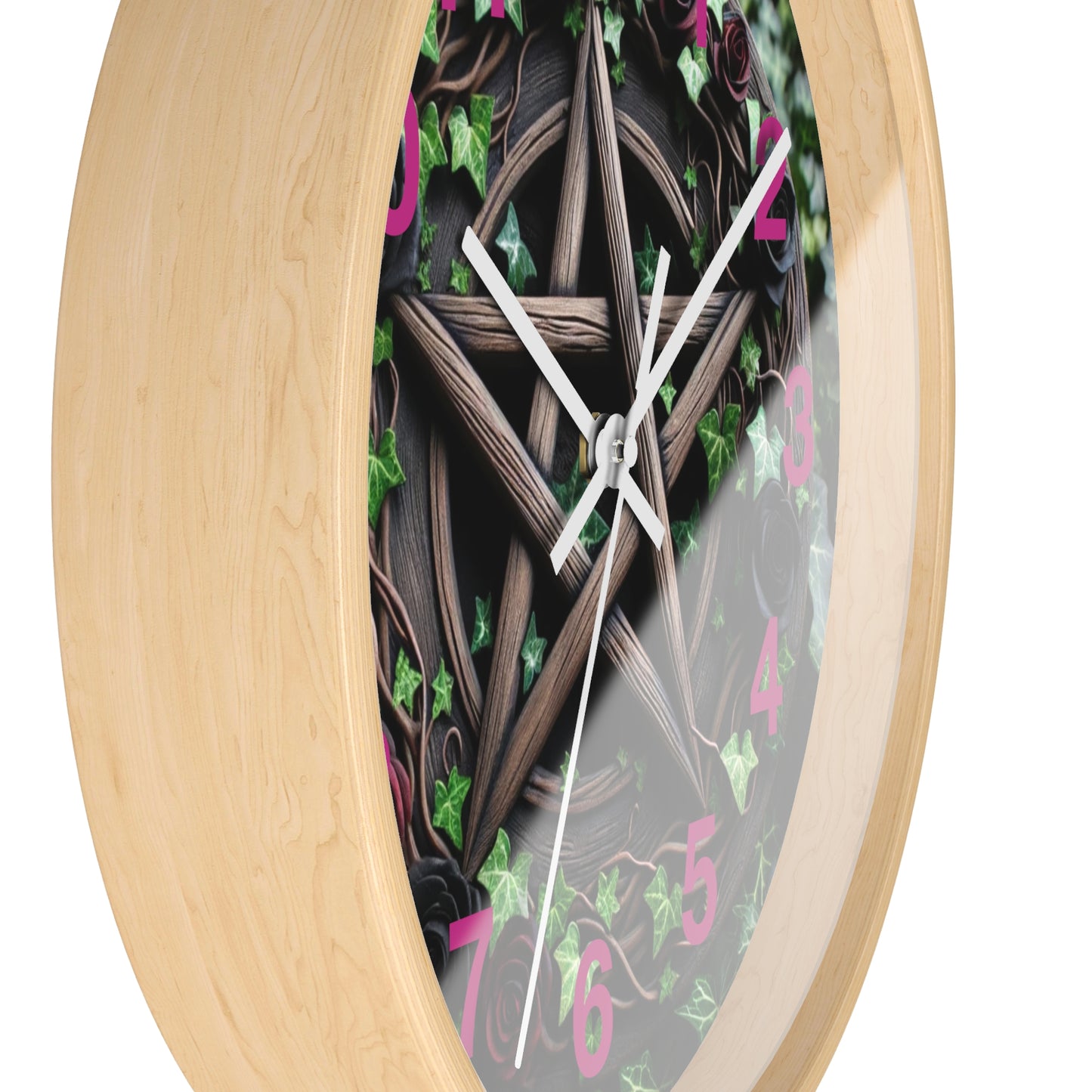 Wood Pentacle Wall Clock with Red and Black Roses in Ivy