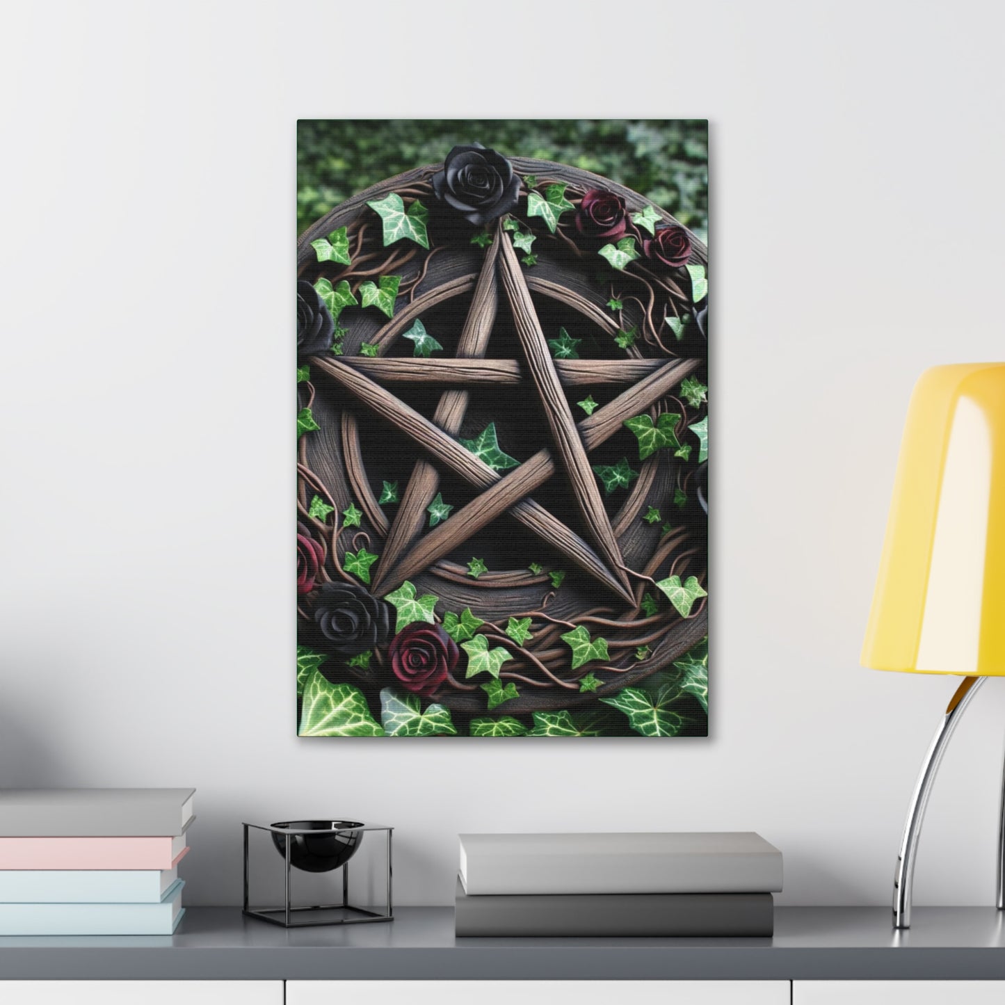 Canvas Wall Art, Wood Pentacle with Red and Black Roses in Ivy Design