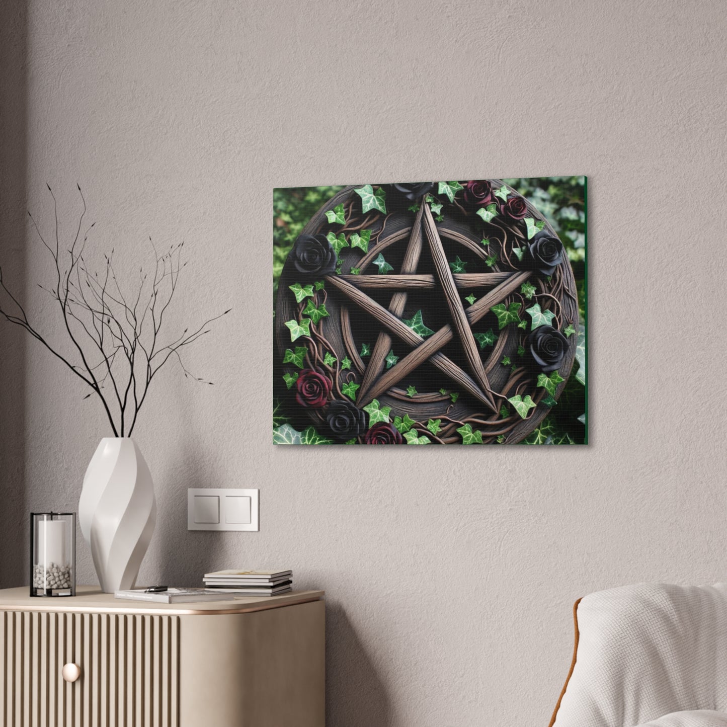 Canvas Wall Art, Wood Pentacle with Red and Black Roses in Ivy Design