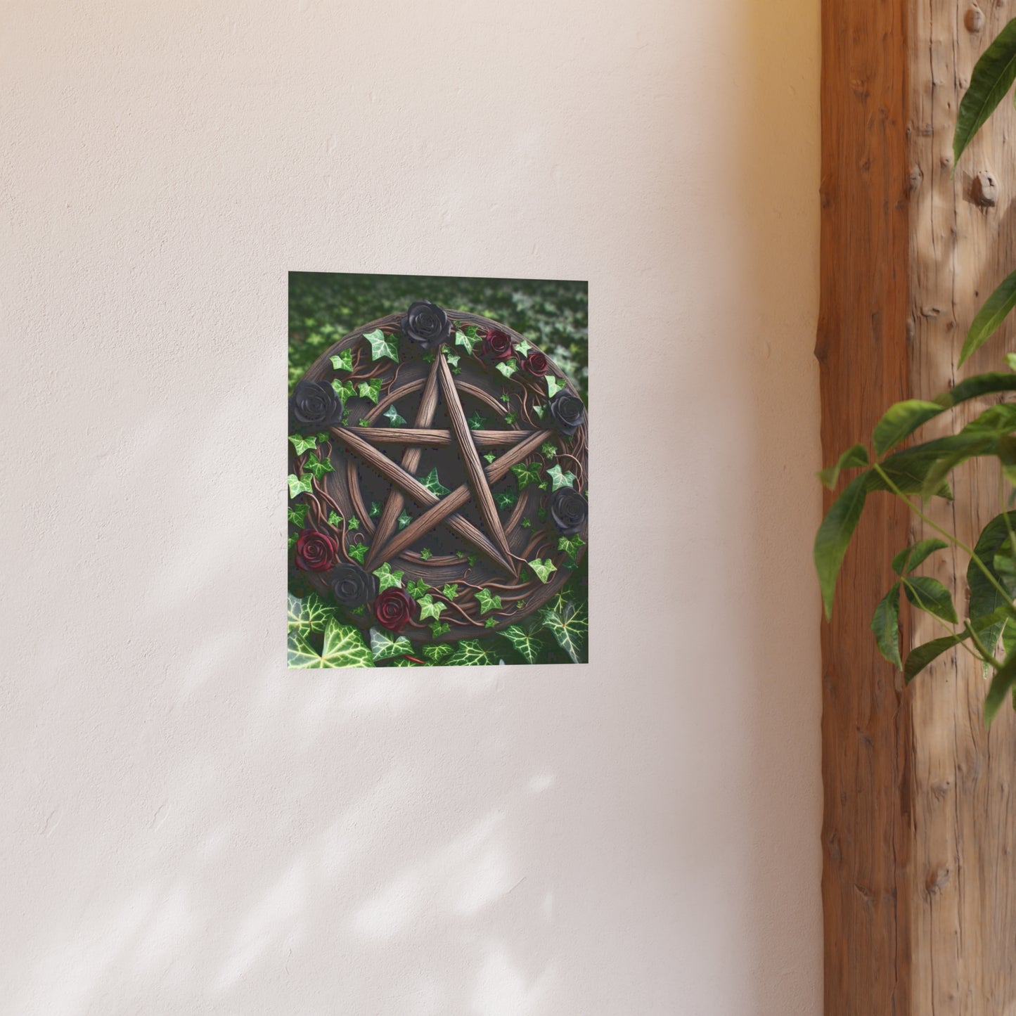 Poster - Wood Pentacle with Red and Black Roses in Ivy